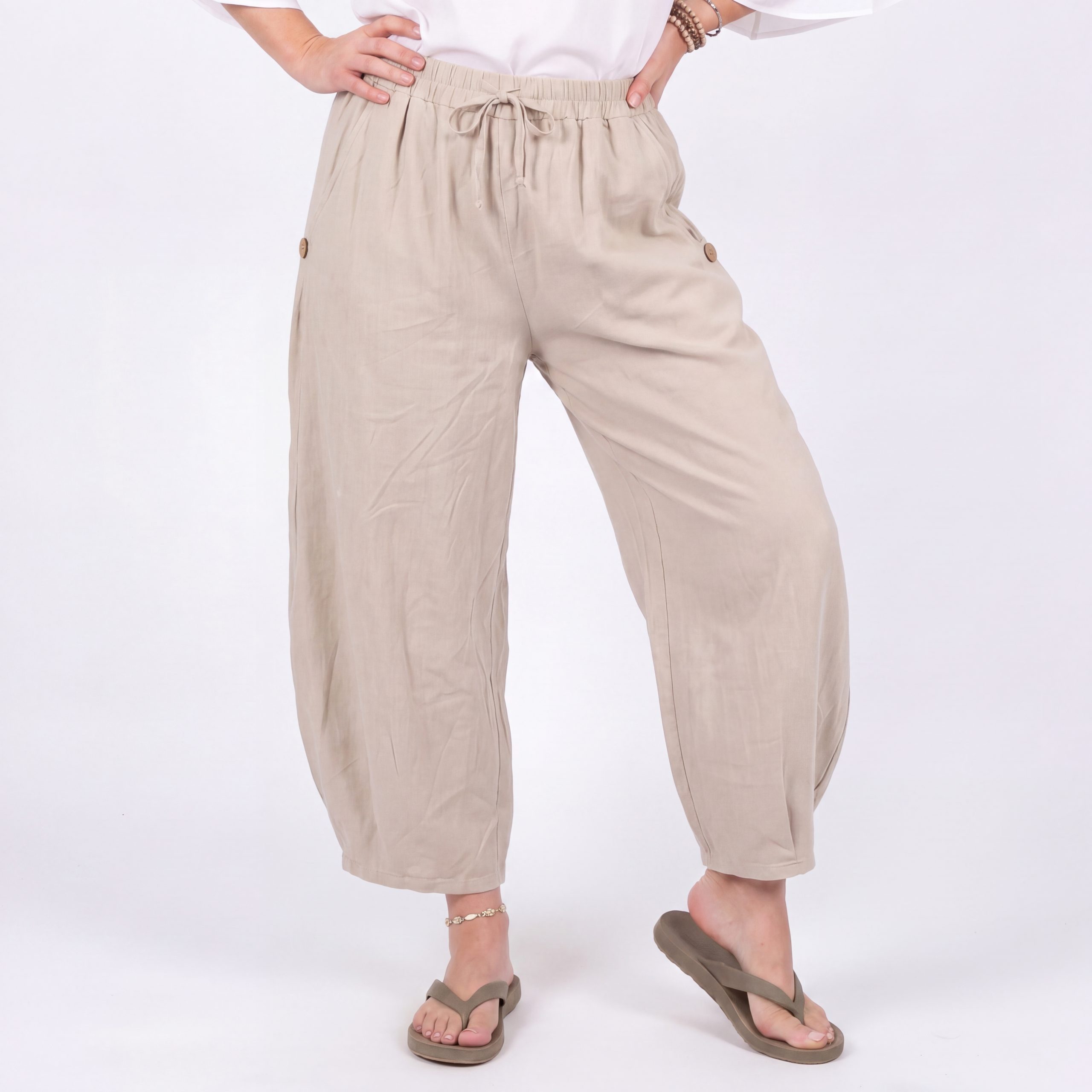 OriginalYou Schlupfhose Sommerhose Damen 7/8 Bohohose Elastikbund Schlupfhose Baumwolle seitlicher Schlitz mit Knopfapplikation, erhältlich in 42-46