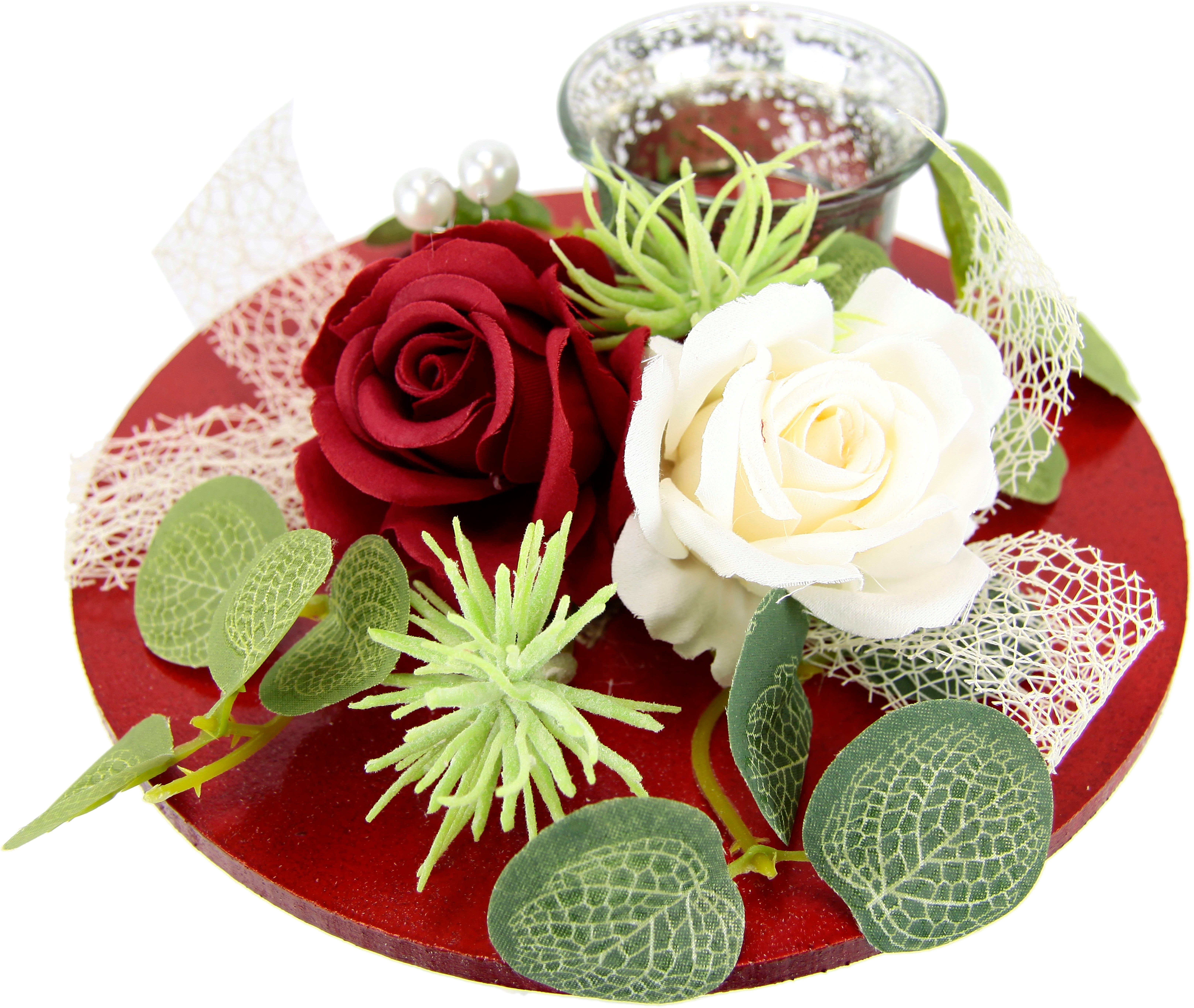 I.GE.A. Teelichthalter Mit Glaseinsatz und Teelichtkerze, künstlichen Rosen Eukalyptus (1 St), Kerzenständer Kerzenhalter Tischdeko Kerzen Muttertag Valentinsta – Bild 4 von 5