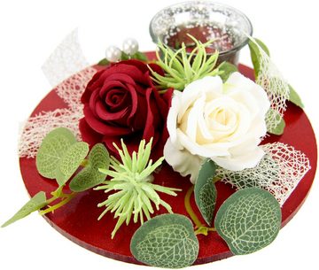 I.GE.A. Teelichthalter Mit Glaseinsatz und Teelichtkerze, künstlichen Rosen Eukalyptus (1 St), Kerzenständer Kerzenhalter Tischdeko Kerzen Muttertag Valentinstag
