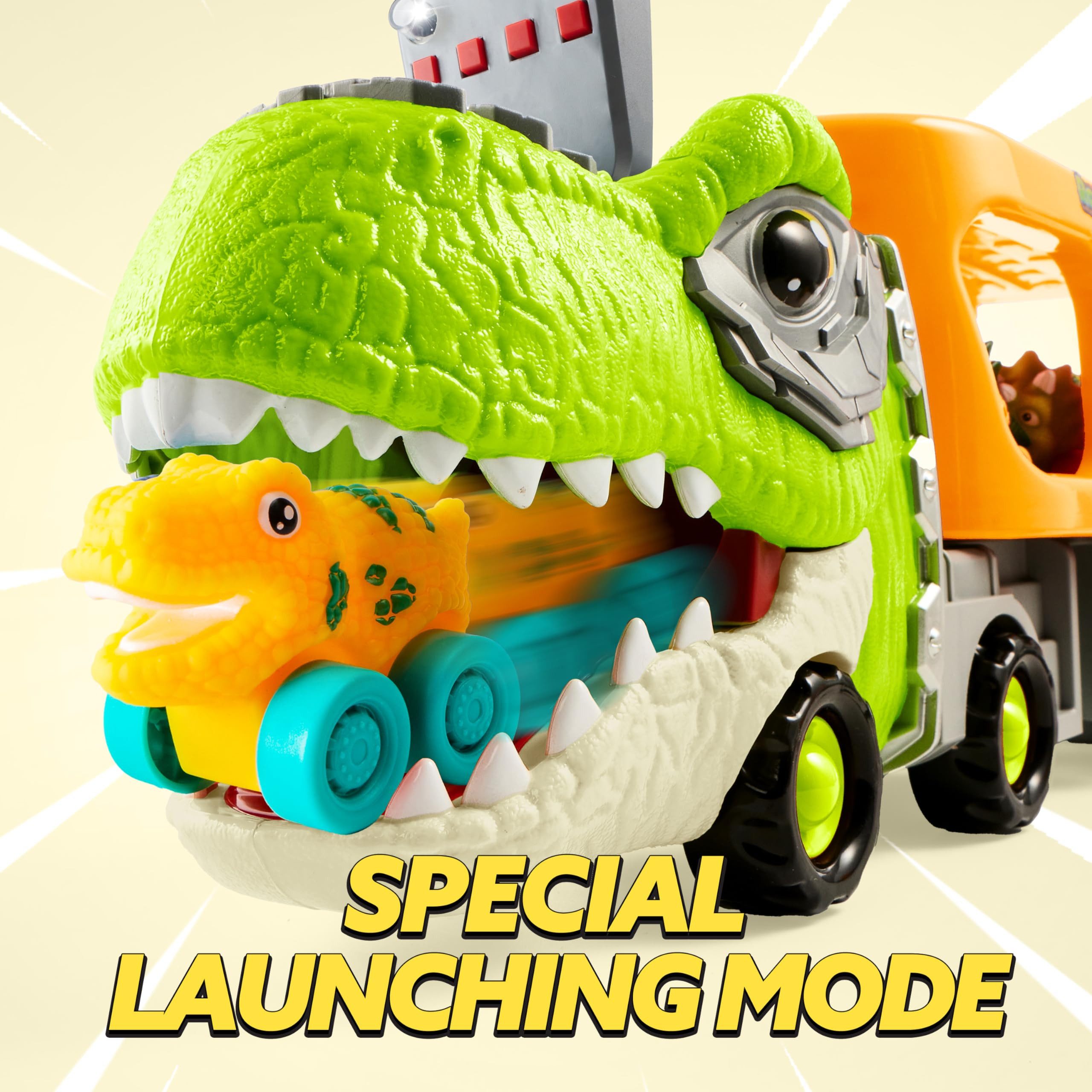 JOYIN Spielzeug-Transporter JOYIN Dino-Spielzeug für Kinder 2-4J, Dino-LKW mit 6 Gummifahrzeugen