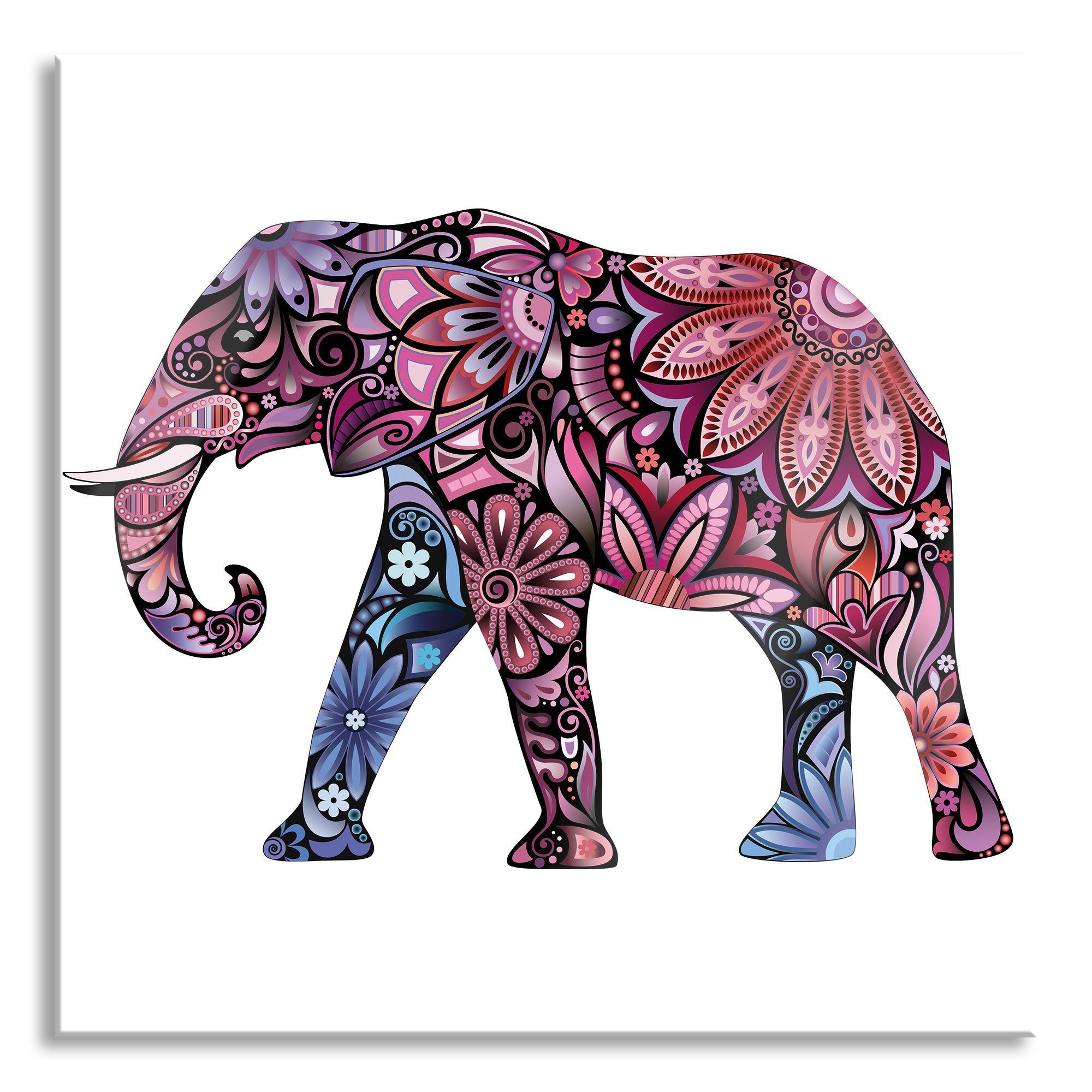 Pixxprint Glasbild Elefant mit Ornamenten, Elefant mit Ornamenten (1 St), Glasbild aus Echtglas, inkl. Aufhängungen und Abstandshalter | Bilder