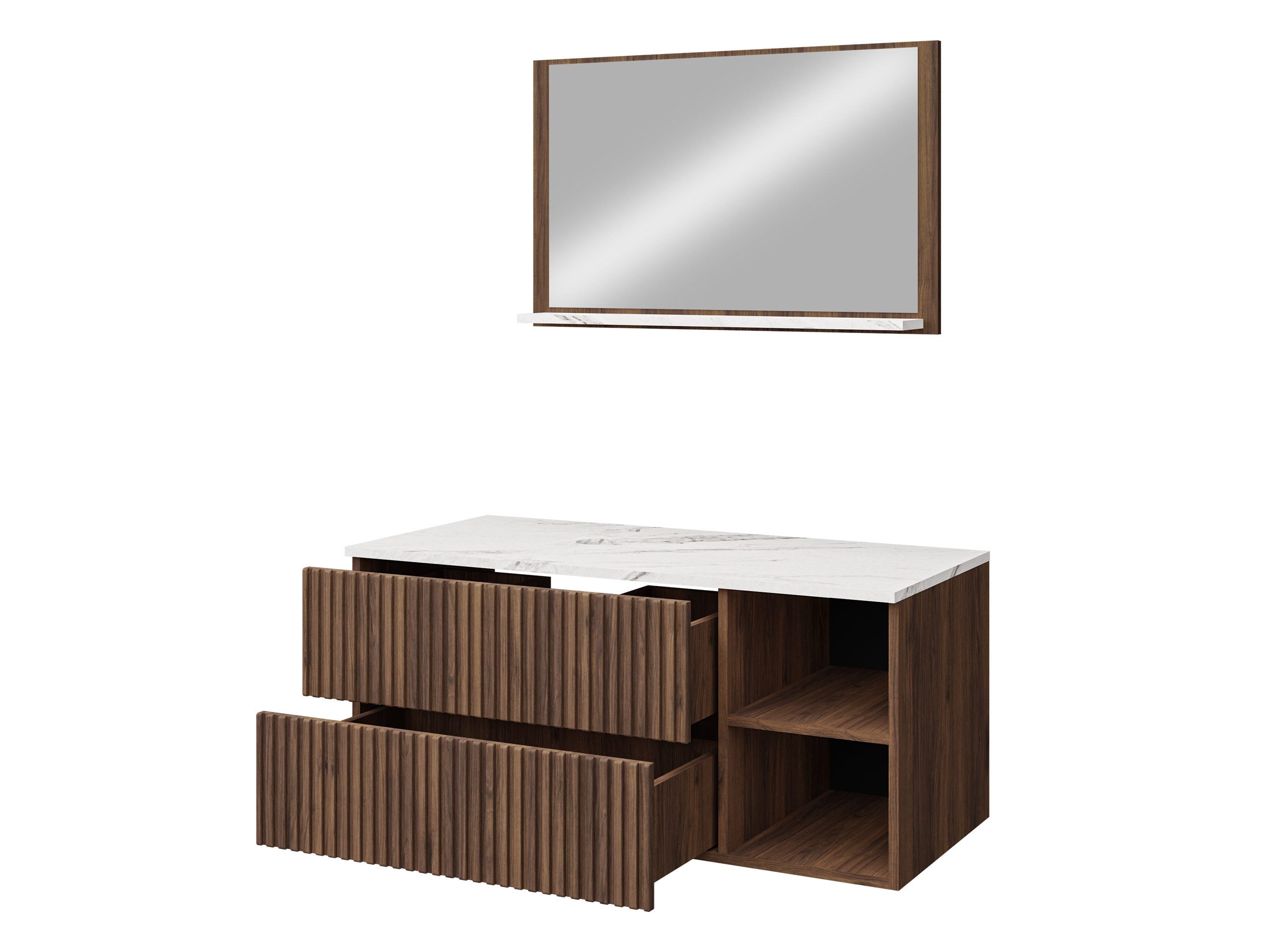 MIRJAN24 Badmöbel-Set Kertos Rillen I, (3er-Set, Spiegel, Waschbeckenschrank, Waschbecken), Fronten gefräst, Siphon