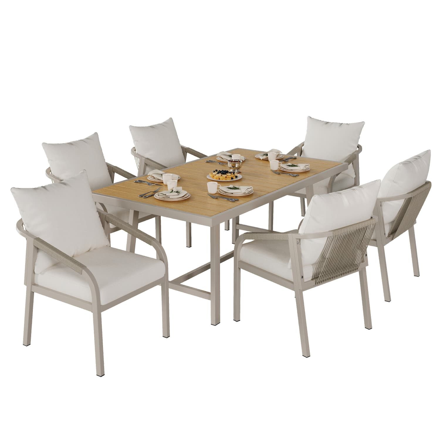 autolock Gartenlounge-Set GartenEssgruppe,Gartenmöbel-Set,Balkonmöbelset,geeignet für 6 Personen, Mit 1 Tisch und 6 Stühlen,verzinktem Stahlrohr,geflochtenem Seildesign