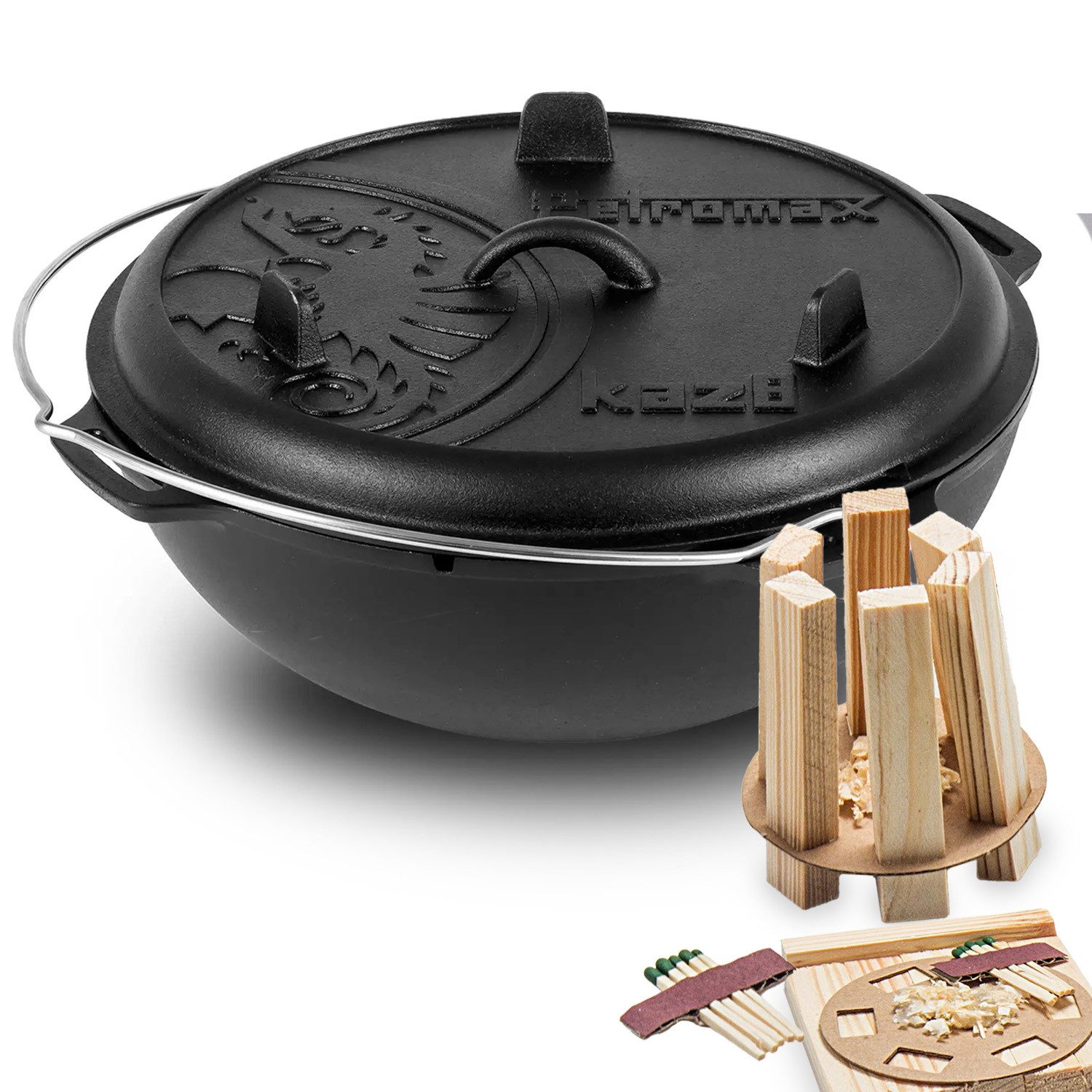 Petromax Feuertopf Kazan 8 Liter ohne Füße mit Feuerkit, Gusseisen (Set, 3-tlg), Induktion