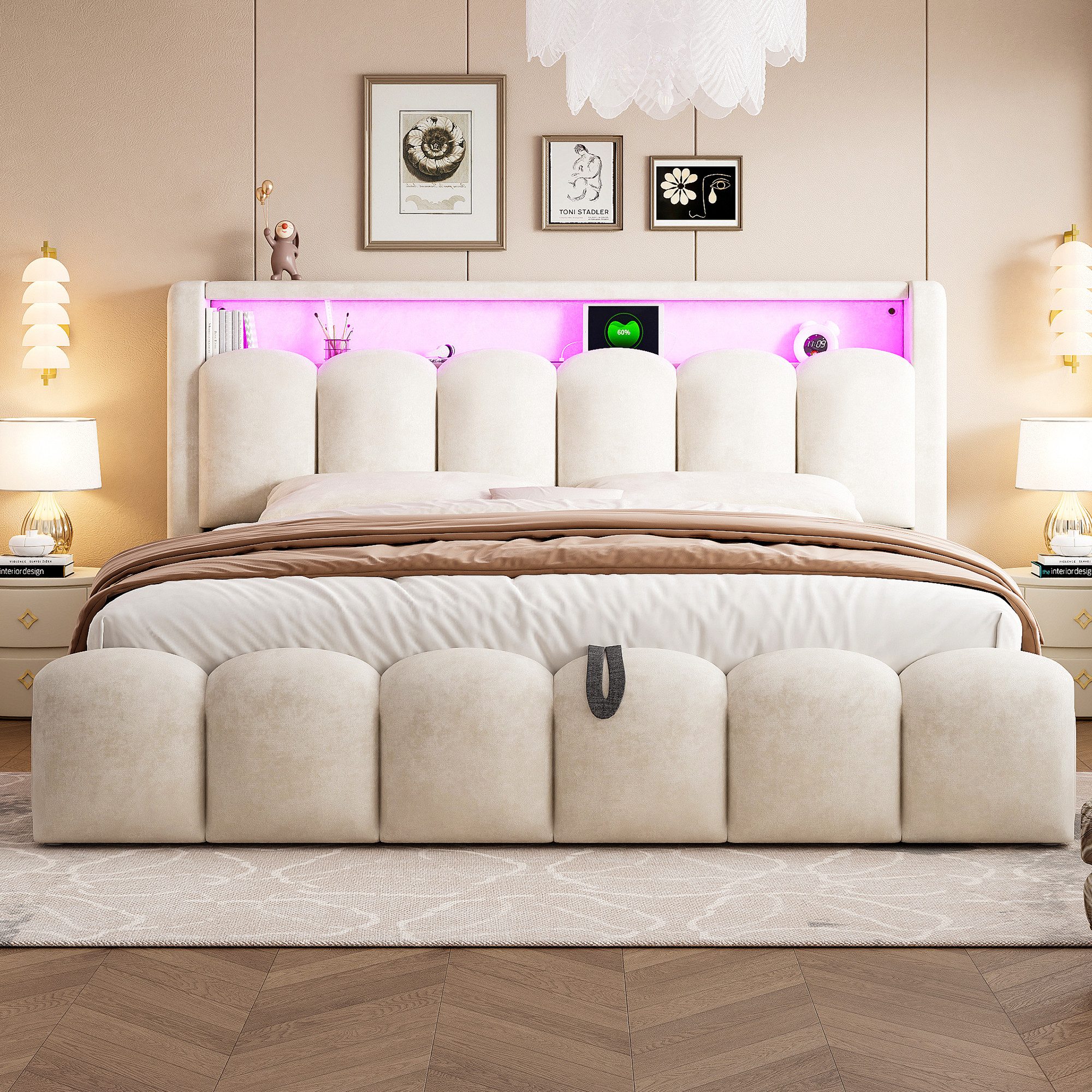 MODFU Polsterbett mit hydraulischem Stauraum (Doppelbett mit USB-C & LED-Beleuchtung, Stauraumbett 180x200 cm), ohne Matratze