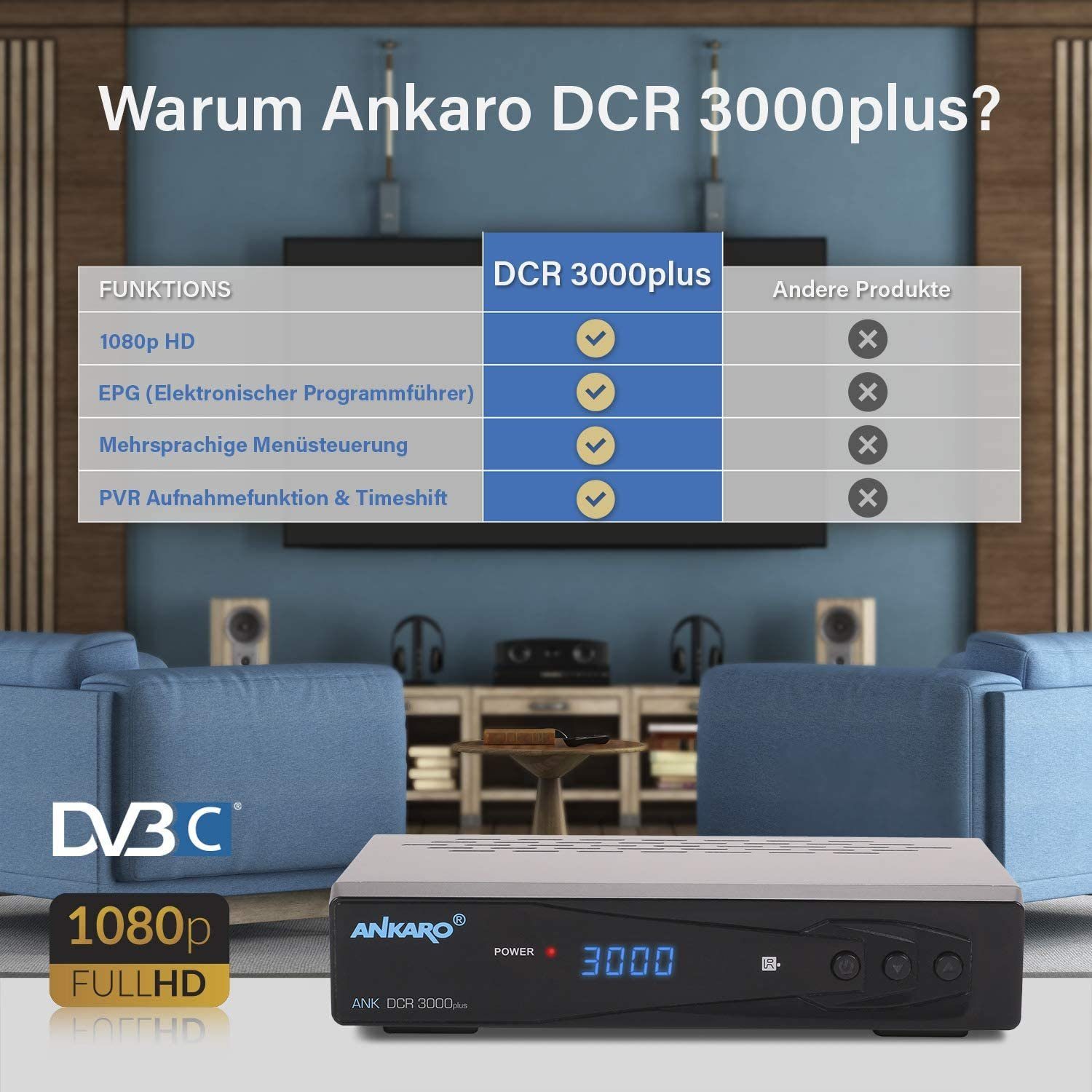 Ankaro Ankaro DCR 3000 Plus digitaler 1080p Full HD Kabel-Receiver für Kabelf Kabel-Receiver
