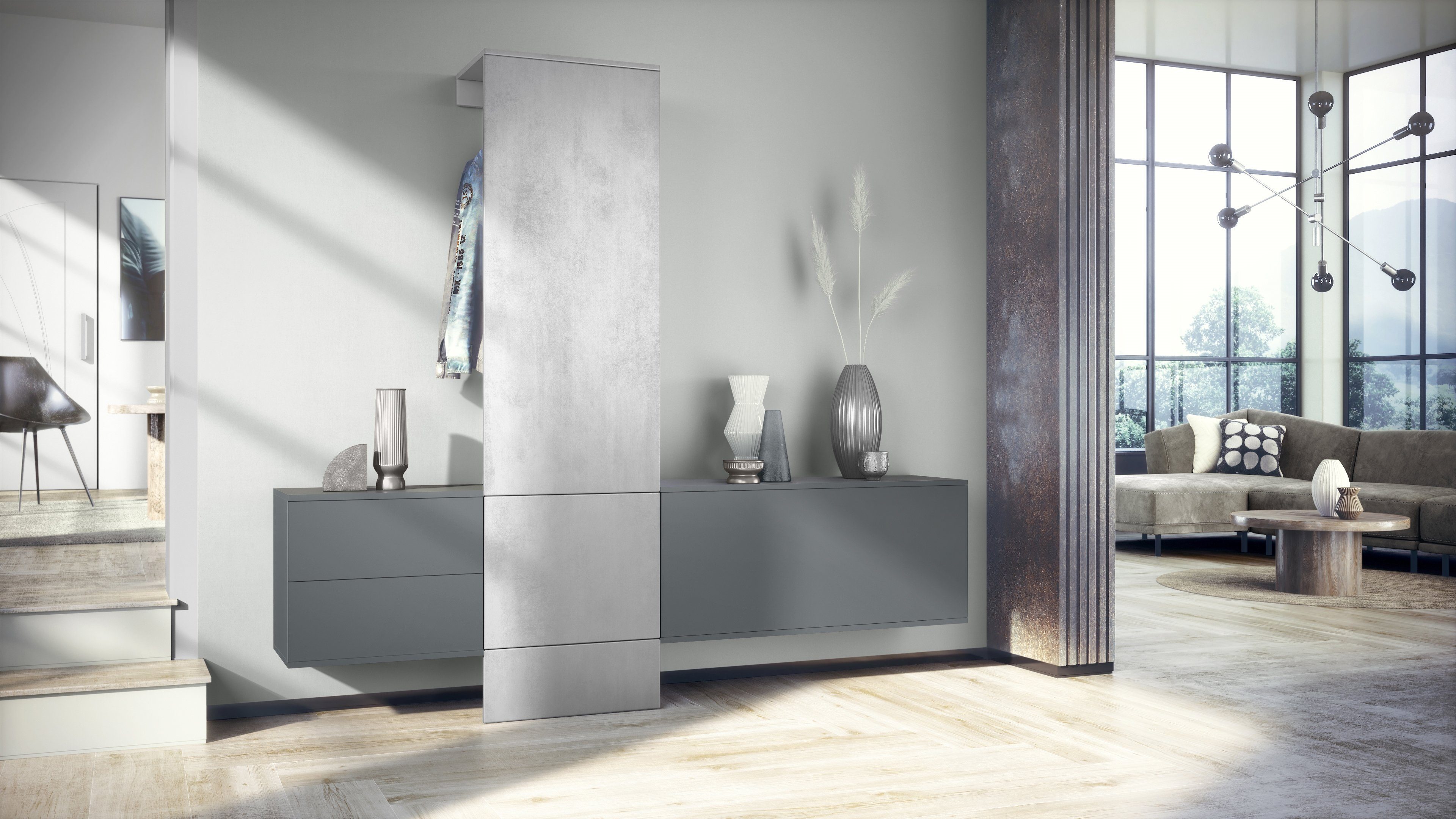 Vladon Garderoben-Set Carlton Set 1, (Wandgarderobe bestehend aus, 1 Paneel, 1 Schubkastenschrank und 1 Schrankmodul), Anthrazit matt/Beton Oxid Optik (209 x 193 x 35 cm)