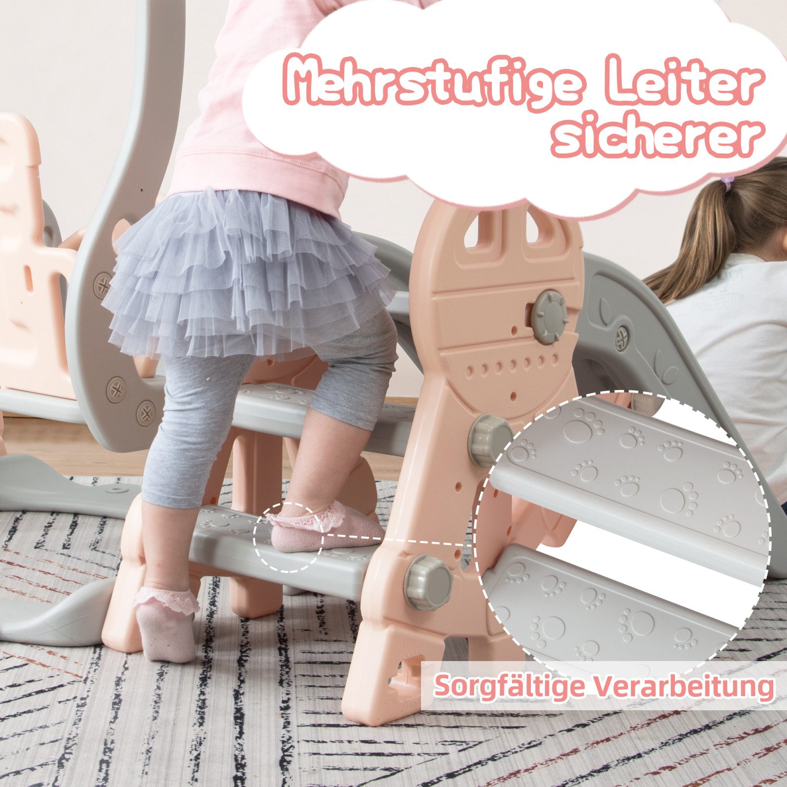 zebery Rutsche Kinderrutsche 4-in-1 Rutschen,Gartenrutsche mit Schaukel, Rosa Kleinkinderrutsche,Kletterleitern,Schaukeln, Basketballkörbe – Bild 3 von 5