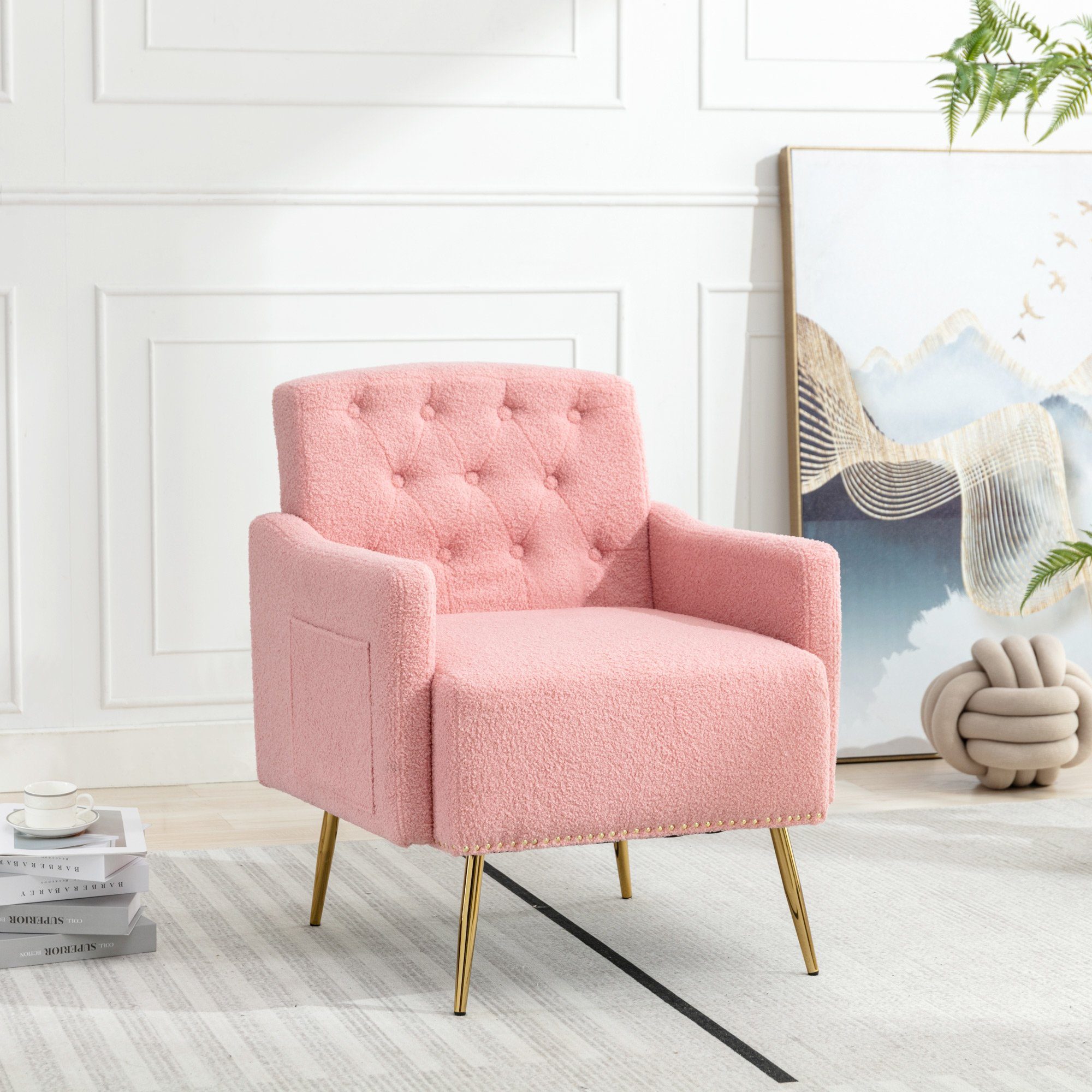 OKWISH Sessel Relaxsessel, Relaxstuhl, goldene Metallbeine, Teddy-Samt-Stuhl (Wohnzimmerstuhl, bequemer Sessel, geeignet zum Lesen oder Entspannen, Wohnzimmerstuhl, bequemer Sessel), mit Reißverschluss-Design rosa