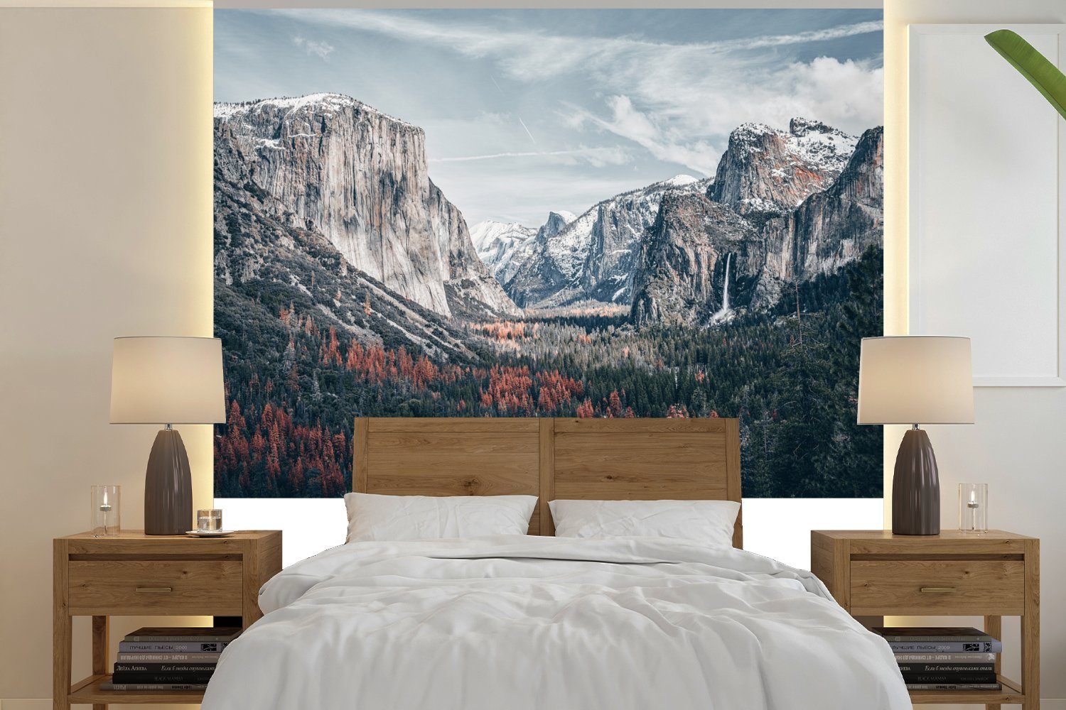 MuchoWow Fototapete Amerika - Yosemite - Berge - Wald, Matt, bedruckt, (5 St), Vinyl Tapete für Wohnzimmer oder Schlafzimmer, Wandtapete