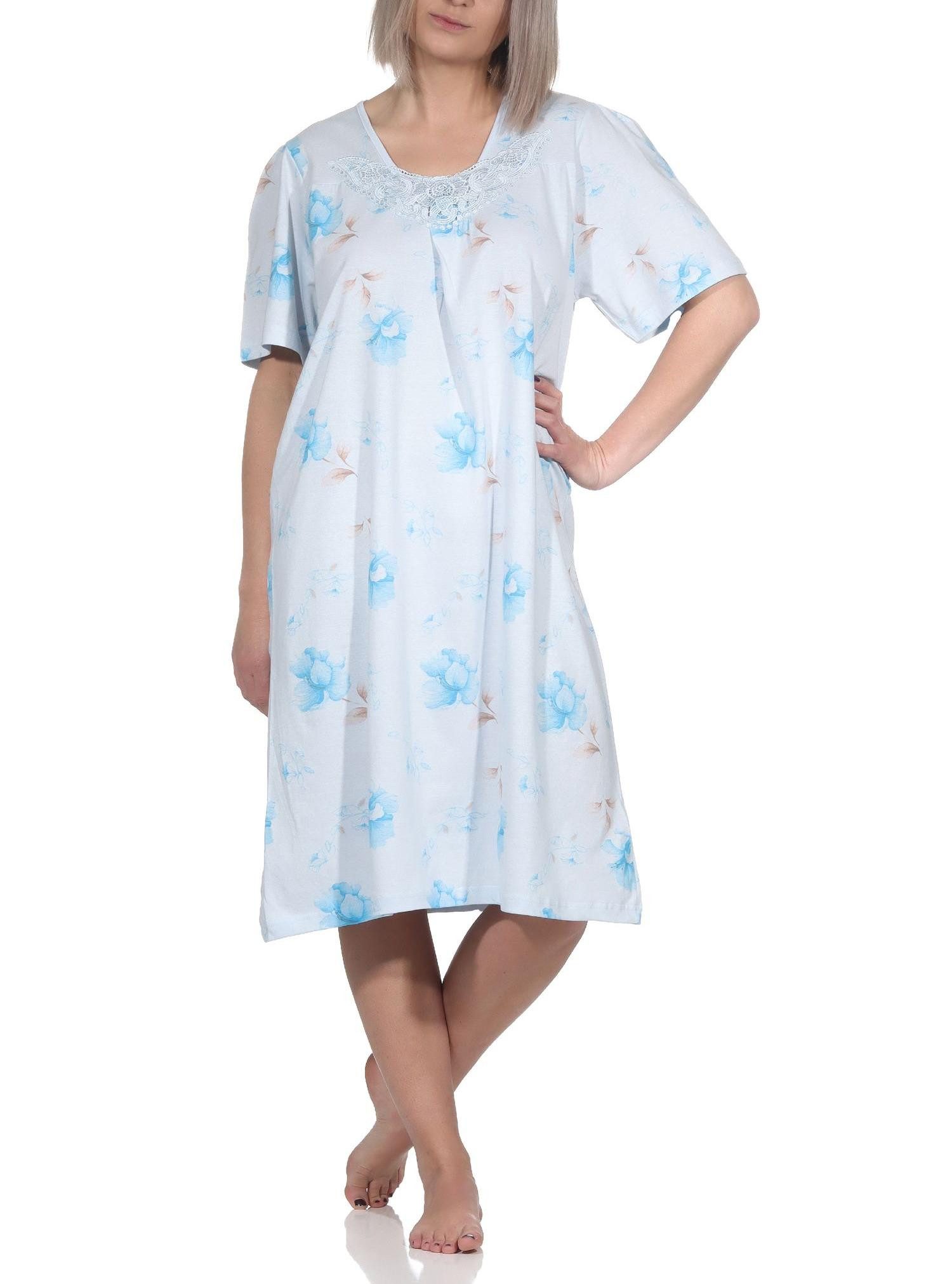 Nachthemd Frauliches Damen Nachthemd kurzarm mit Spitze und Knopfleiste am Hals