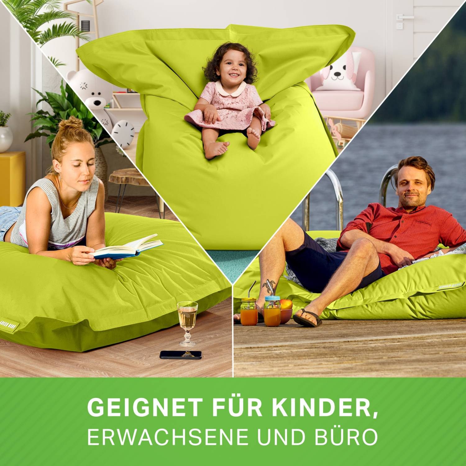 Green Bean Sitzsack XL Outdoor Sitzsack Square 120x160cm (XL Riesensitzsack 120x160cm 270 Liter Kinder & Erwachsene Bean Bag EPS Perlen Füllung, Groß Draußen Outdoor Liegekissen), Waschbar Wetterfest Lounge Sitzkissen Bodenkissen