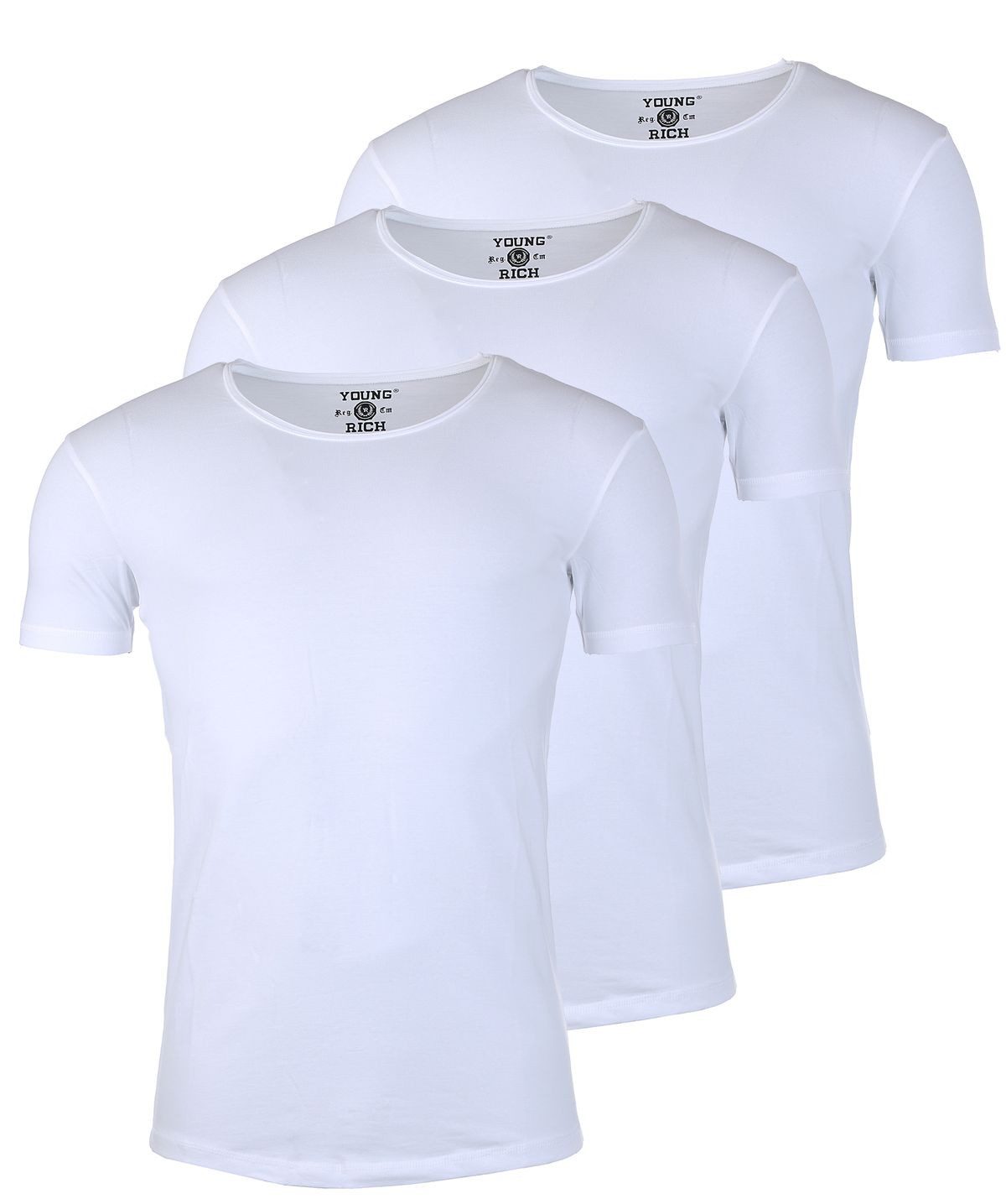 Young & Rich T-Shirt Herren Uni Basic 1702 tief-breit geschnittener Ausschnitt vintage Look (3er-Pack, 3-tlg., 3er-Pack) Rundhalsauschnitt unifarben kurzarm slim fit