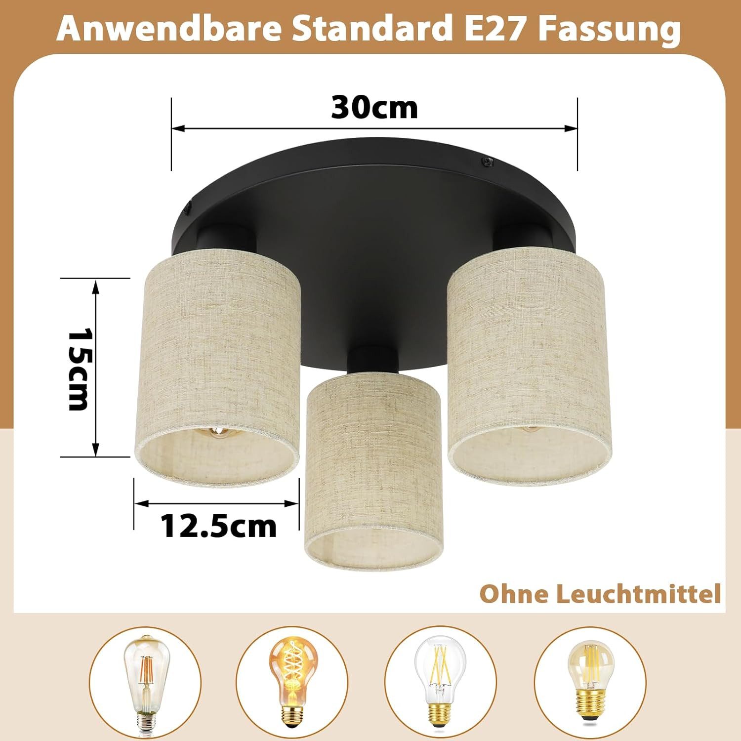 Nettlife Deckenleuchte Schwarz 3-Flammige Vintage Rundem Stoffschirm Retro-Boho Flurleuchte, ohne Leuchtmittel, für Wohnzimmer Schlafzimmer Küchen Esszimmer Flu – Bild 3 von 5