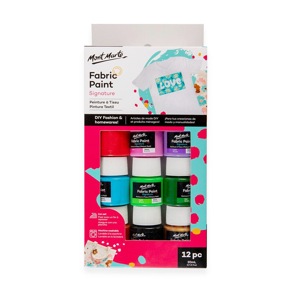 Mont Marte Textilfarbe Set 8 / 12 / 20 x 20ml – waschfesten Stofffarben – bügel­fixierbar, Stofffarbe für Baumwolle & Mischgewebe – für T-Shirts, Taschen & DIY