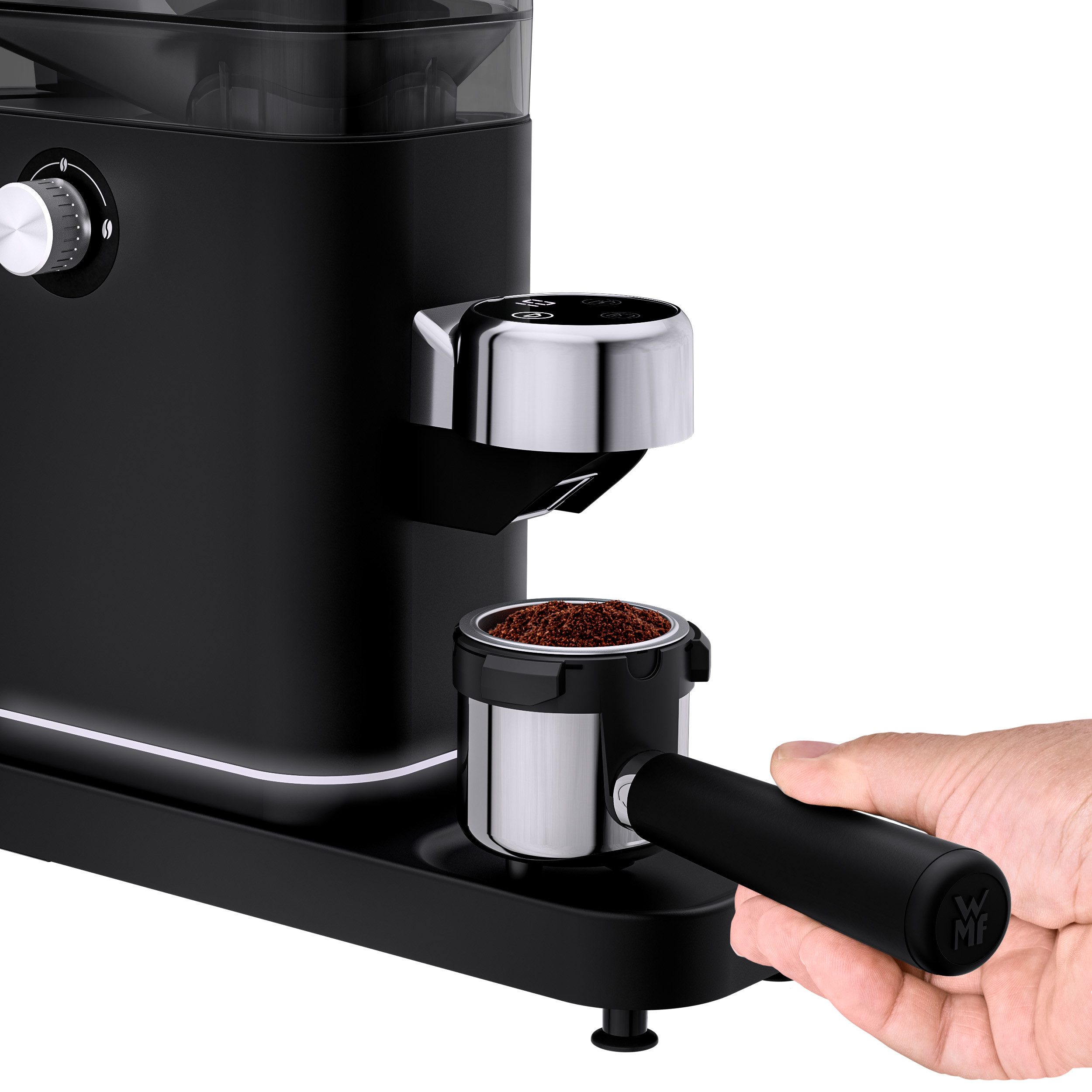 WMF Kaffeemühle Lumero, 150 W, Kegelmahlwerk, 180 g Bohnenbehälter, 40 Mahlgrade, Edelstahlmahlwerk, LED-Display, 150 Watt, Cromargan