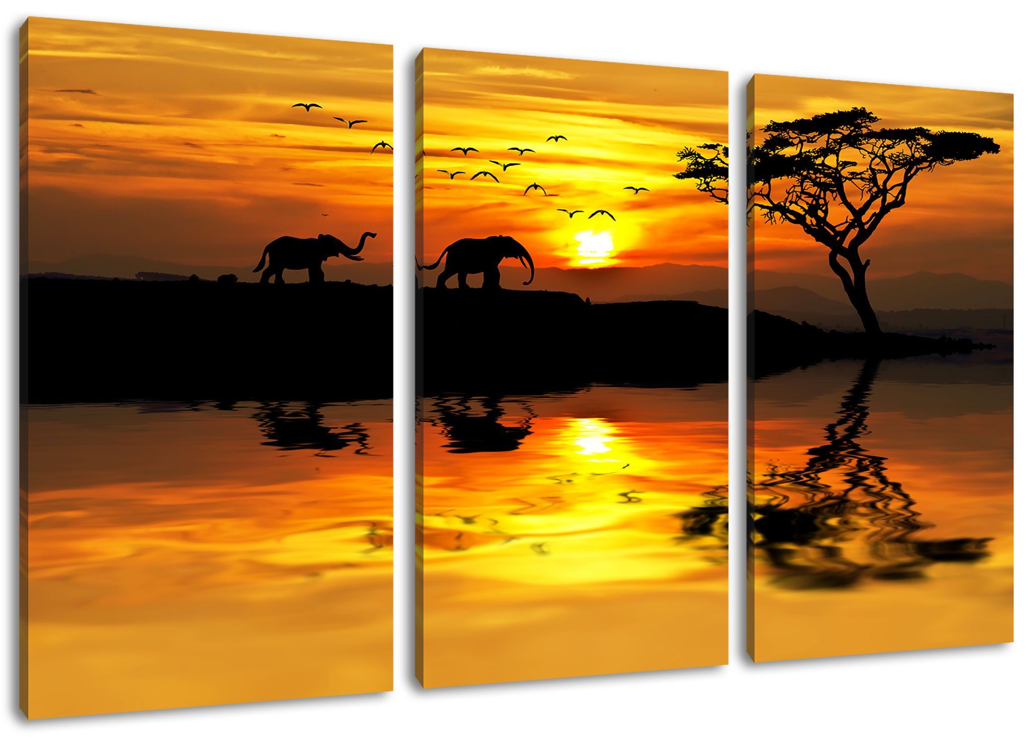 Pixxprint Leinwandbild Elefanten (120x80cm) bespannt, in Elefanten St), Steppe (1 inkl. Afrikanischer Afrikanischer Zackenaufhänger Leinwandbild fertig in 3Teiler Steppe