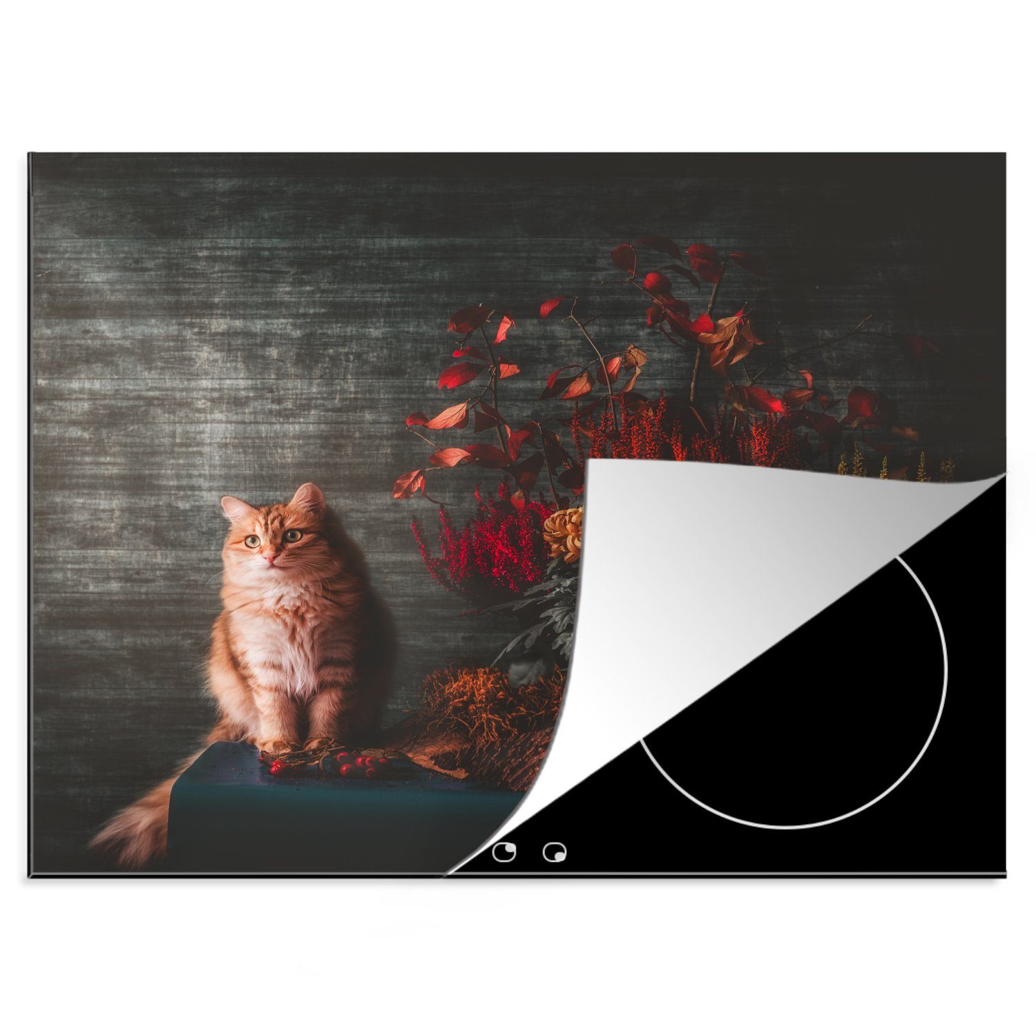 MuchoWow Herdblende-/Abdeckplatte Blumen - Katze - Herbst, Vinyl, (1 tlg), 60x52 cm, Mobile Arbeitsfläche nutzbar, Ceranfeldabdeckung