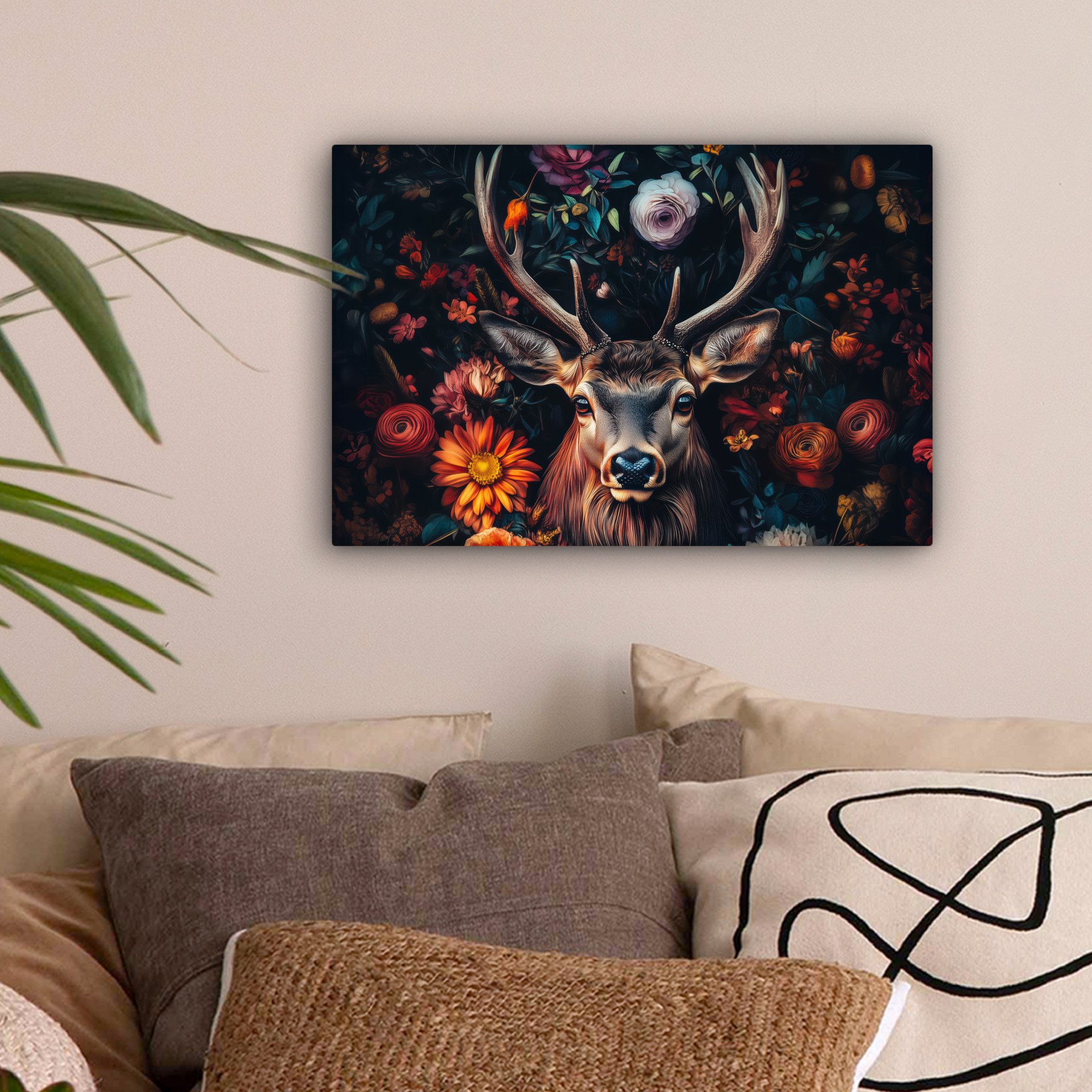 OneMillionCanvasses® Leinwandbild Hirsch - Tierporträt - Blumen - Natur - H günstig online kaufen