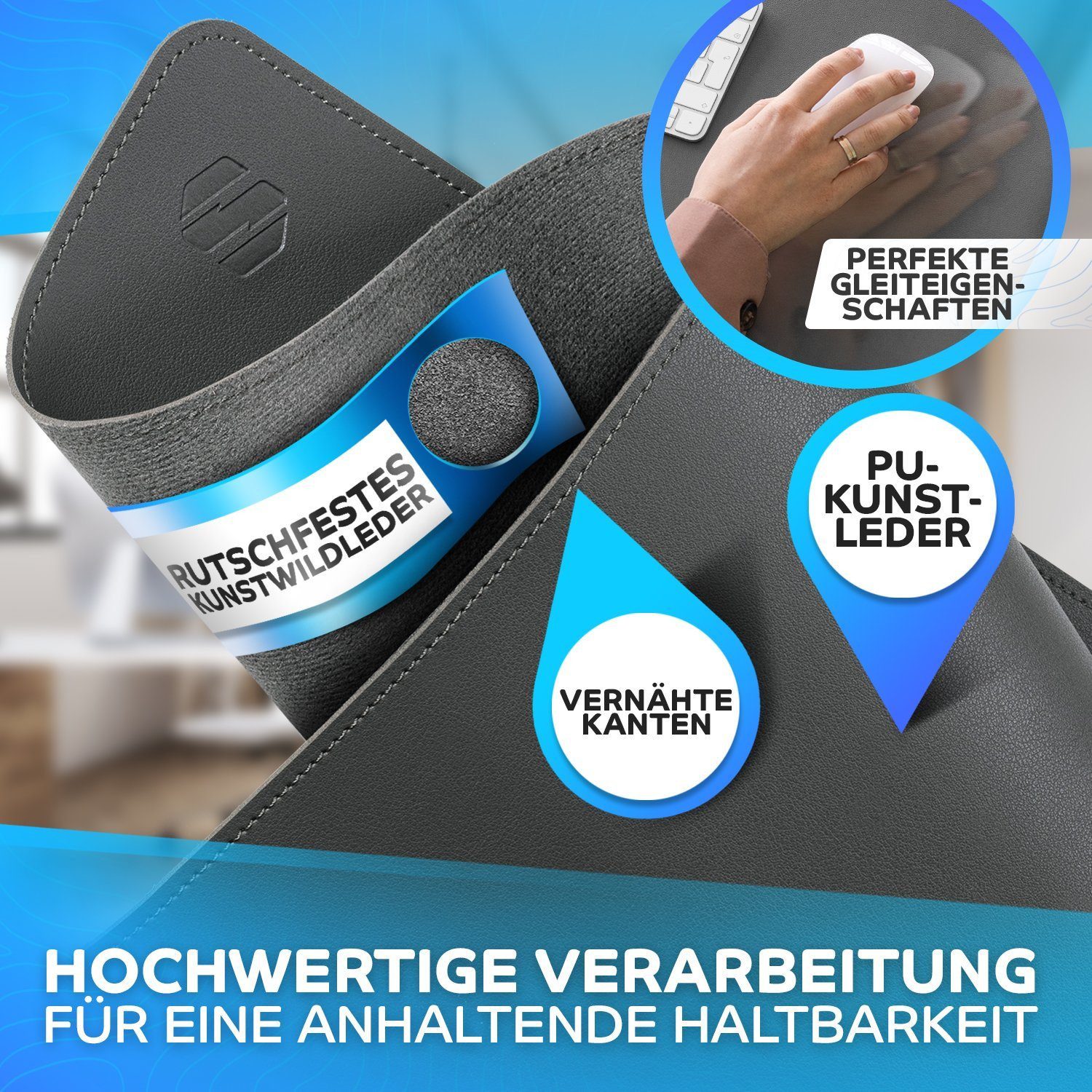 MAXLVL Gaming Mauspad Schreibtischunterlage - Mauspad mit Vernähte Kanten - abwaschbar (60x35 cm, Schreibtisch Unterlage für Büro), Tischunterlage Schreibtisch aus PU-Leder