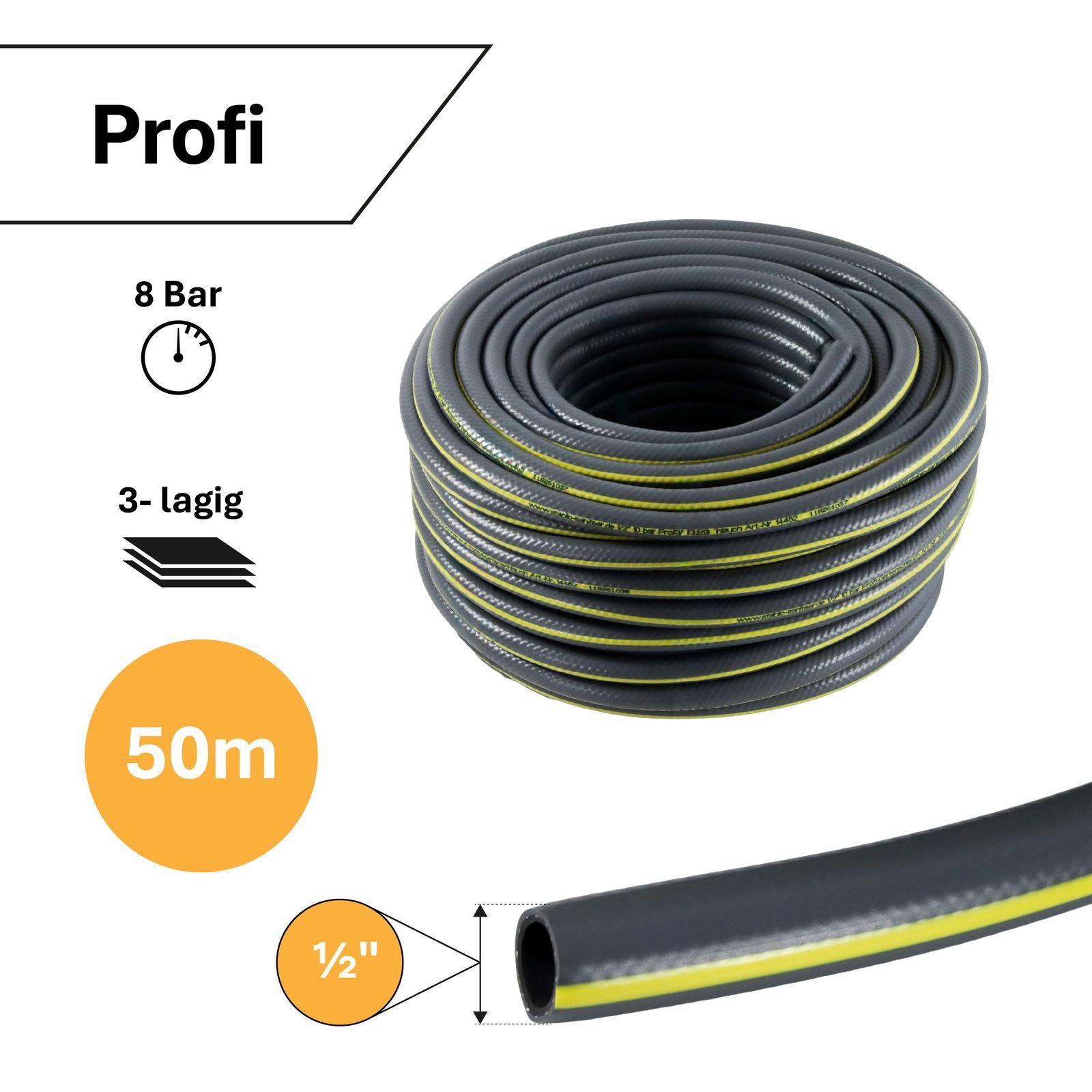 APD Schlauchtechnik Gartenschlauch Gartenschlauch Grau 1/2 Zoll 50 m 3-lagig verstärkt knickfest "Profi"