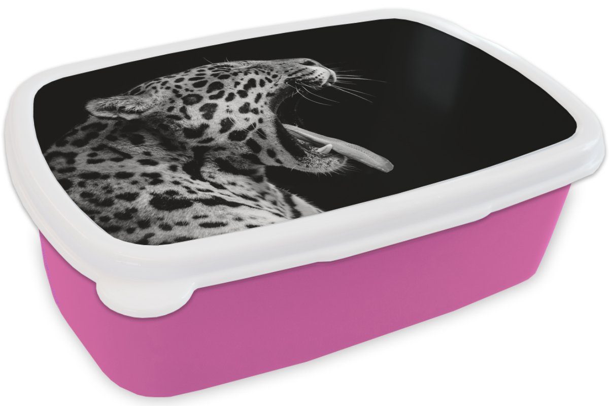 Mädchen, MuchoWow rosa Kunststoff Brotbox Lunchbox Kinder, Erwachsene, Jaguar Weiß, Tier - Brotdose für Snackbox, - (2-tlg), Kunststoff, - Schwarz