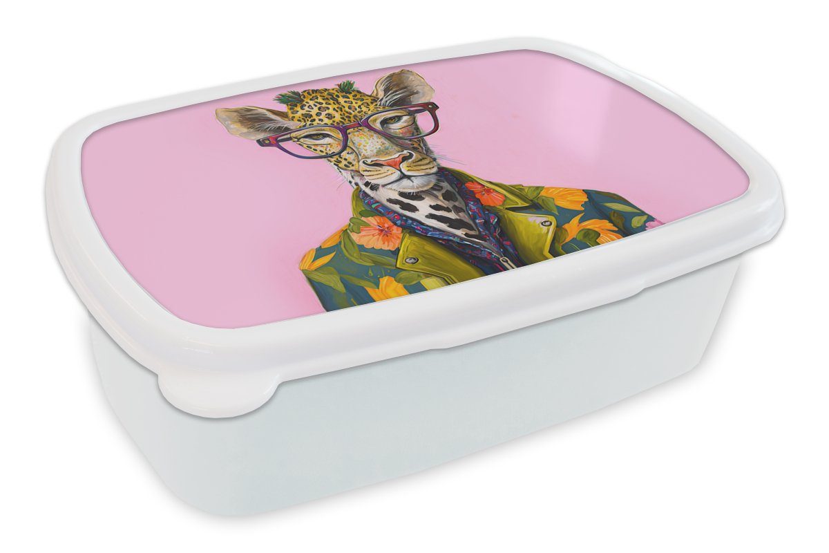 MuchoWow Lunchbox Tiere - Giraffe - Brille - Blumen, Kunststoff, (2-tlg), Brotbox für Kinder und Erwachsene, Brotdose, für Jungs und Mädchen weiß