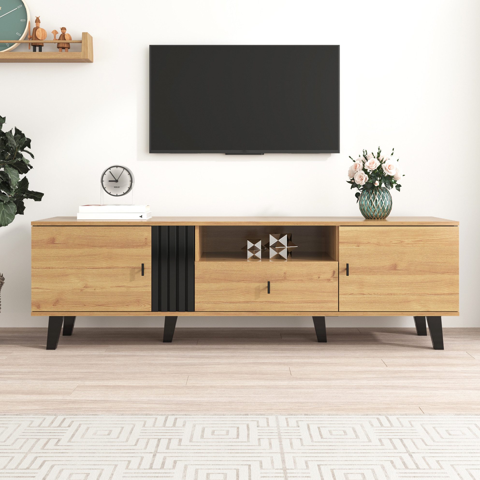 OKWISH TV-Schrank Lowboard mit 2 Türen, 1 Fach & 1 Schublade (Packung, 1-St., Natur & Schwarz, 170×50,5×40 cm) wasserdichte Oberfläche, pflegeleicht