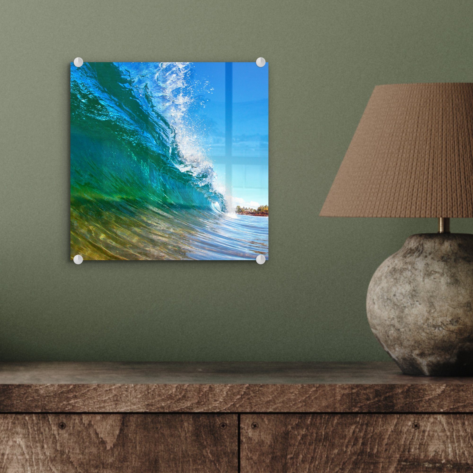 MuchoWow Acrylglasbild Nahaufnahme Wanddekoration Welle, vor einer von - der Glas Küste auf (1 Wandbild Glas auf Foto St), Bilder sich - bricht, Glasbilder die - Hawaii