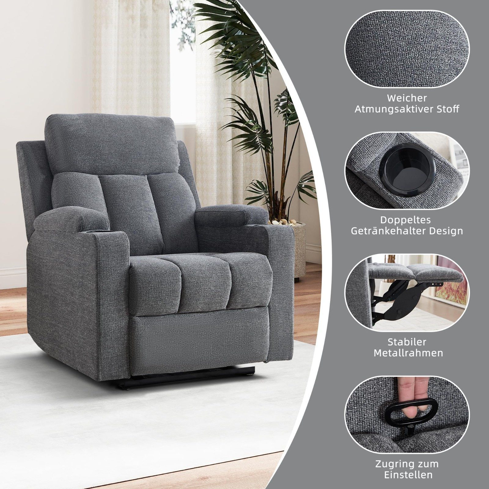 CANMOV TV-Sessel Relaxsessel mit Liegefunktion, Fernsehsessel, Wohnzimmer 90 °-160 ° (1-St), Manueller Verstellbarer Relaxsessel mit Fußstütze und Becherhalter