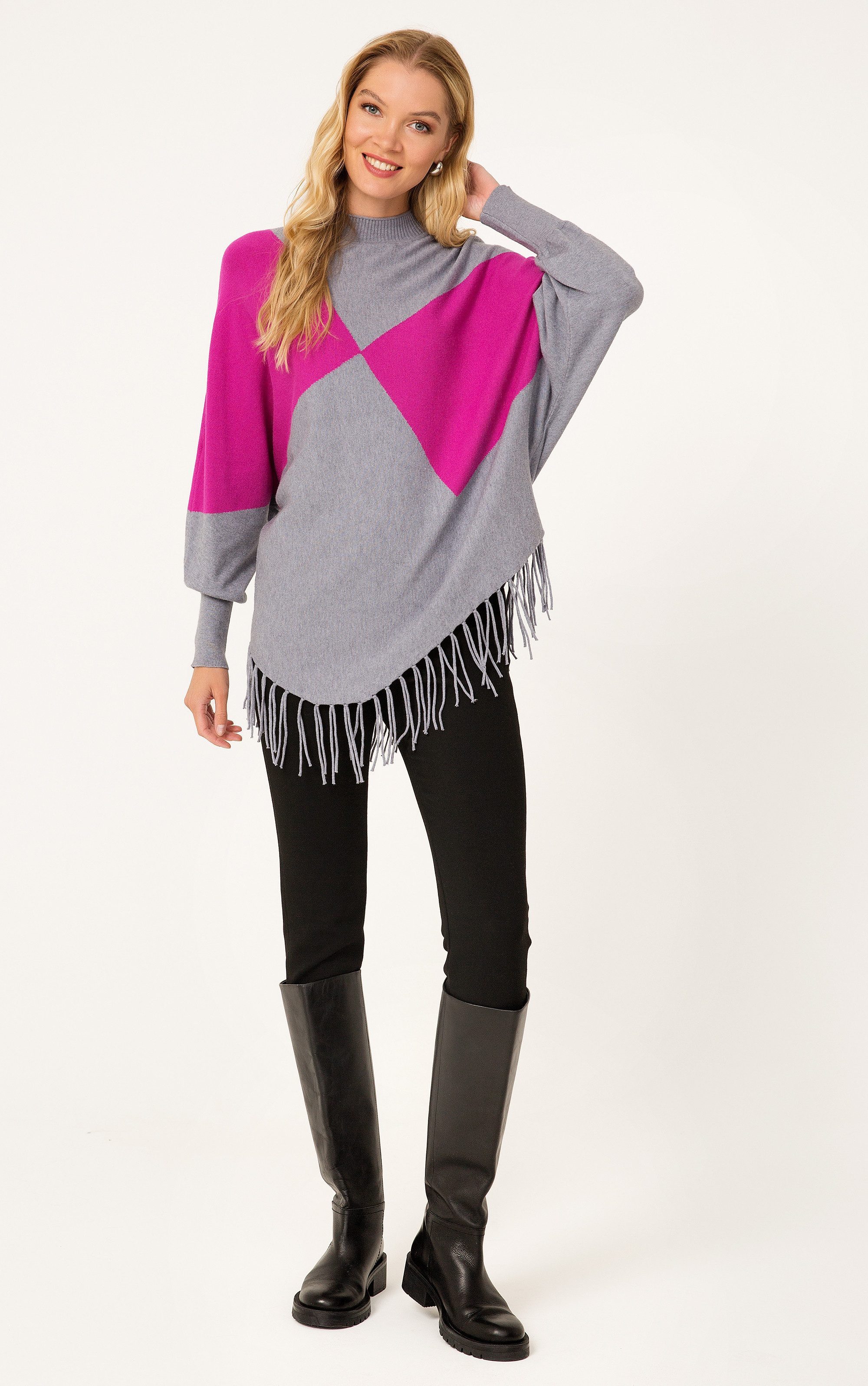 Passioni Strickpullover mit pinkem Rautenmuster Fransen günstig online kaufen