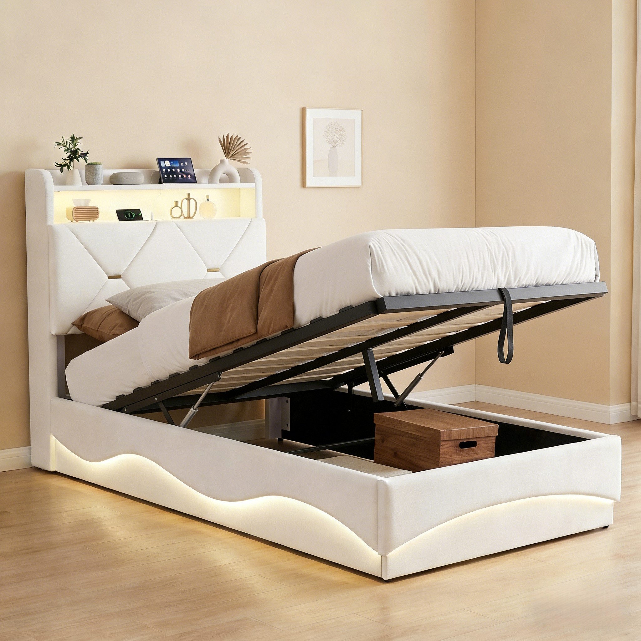 PXloue Polsterbett LED Doppelbett, Bettkasten, Ladefunktion, Samt, 90x200 cm