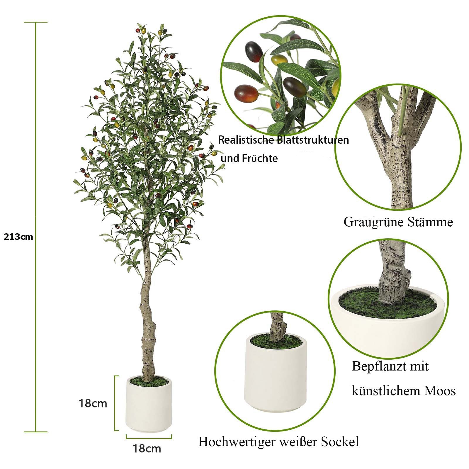 Kunstbaum Künstliche Olivenbäume für den Innenbereich,1.5/1.8/2.1 m,Dekoration, GarveeMore, Höhe 210 cm, Realistischem Stamm,Blättern und Früchten als Dekoration für das Home