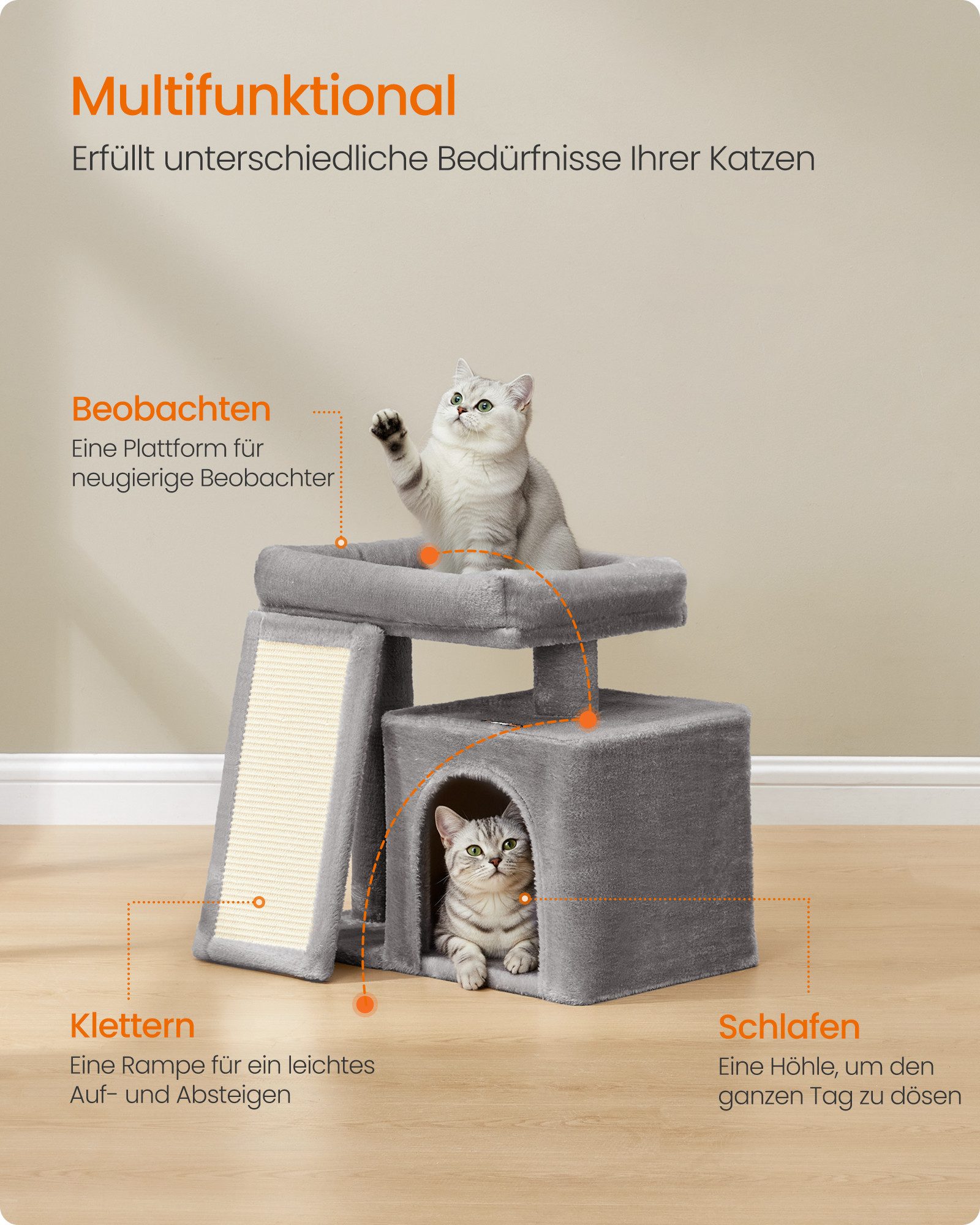 FEANDREA Kratzbaum, 44,6 cm H, Katzenbaum mit Kratzrampe und großer Plattform