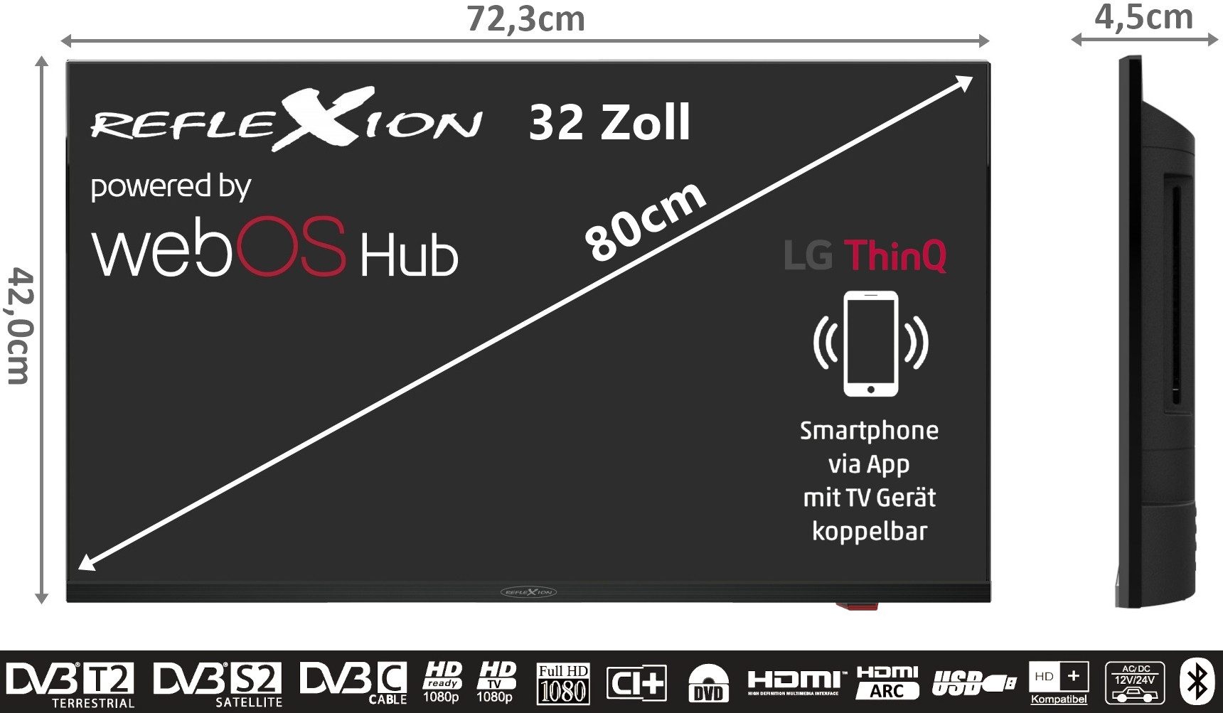 Reflexion LDDX32IBT BLACK LED-Fernseher (80 cm/32 Zoll, Full HD, Smart-TV, powered by webOS (LG), DC IN 12 Volt / 24 Volt, Netzteil 230 Volt, integrierter DVD-Player)