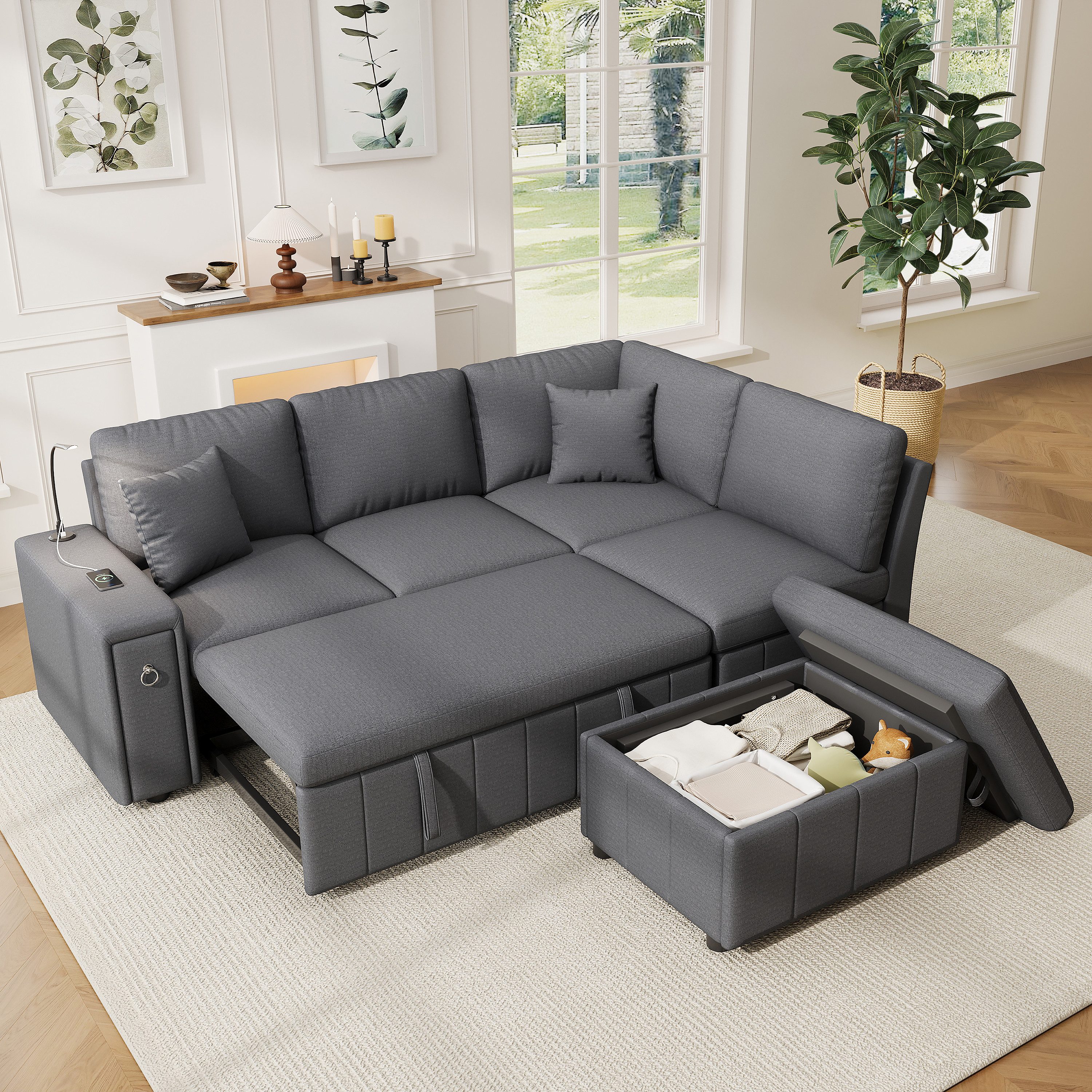 OKWISH Schlafsofa 213x88x184 cm mit USB/Type‑C, Leselicht & 2 Kissen in Beige, L‑Ecksofa mit Schlaffunktion, Stauraum‑Hocker & Klapptisch 1 Teile, Ideal für Wohnzimmer, Gästezimmer & Heimkino