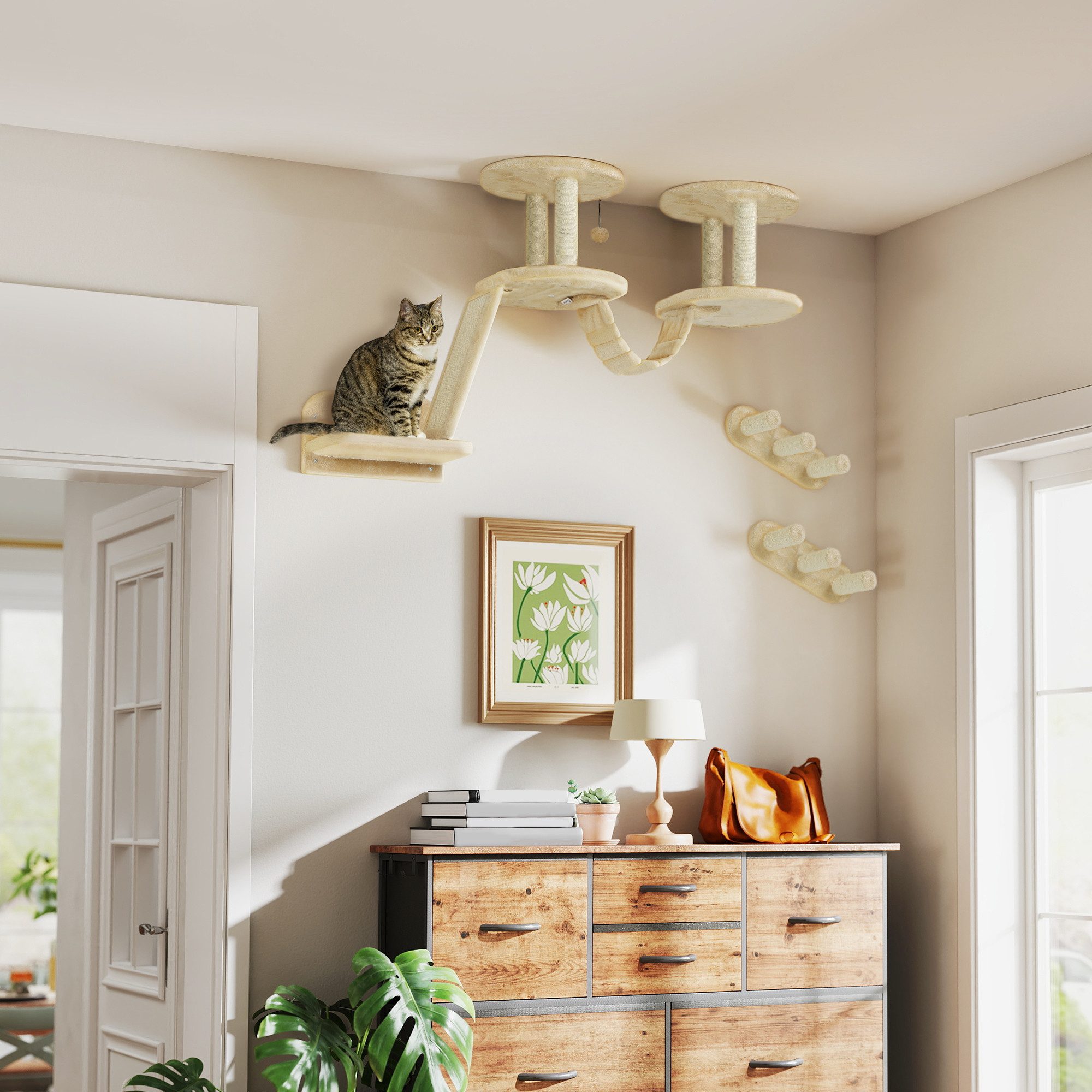 PawHut Katzen-Kletterwand 3-teilig Katzenmöbel mit Kratzbaum, Sitzstangen, Leiter, Stufen, für Katzen bis 5 kg, Sisal, Beige