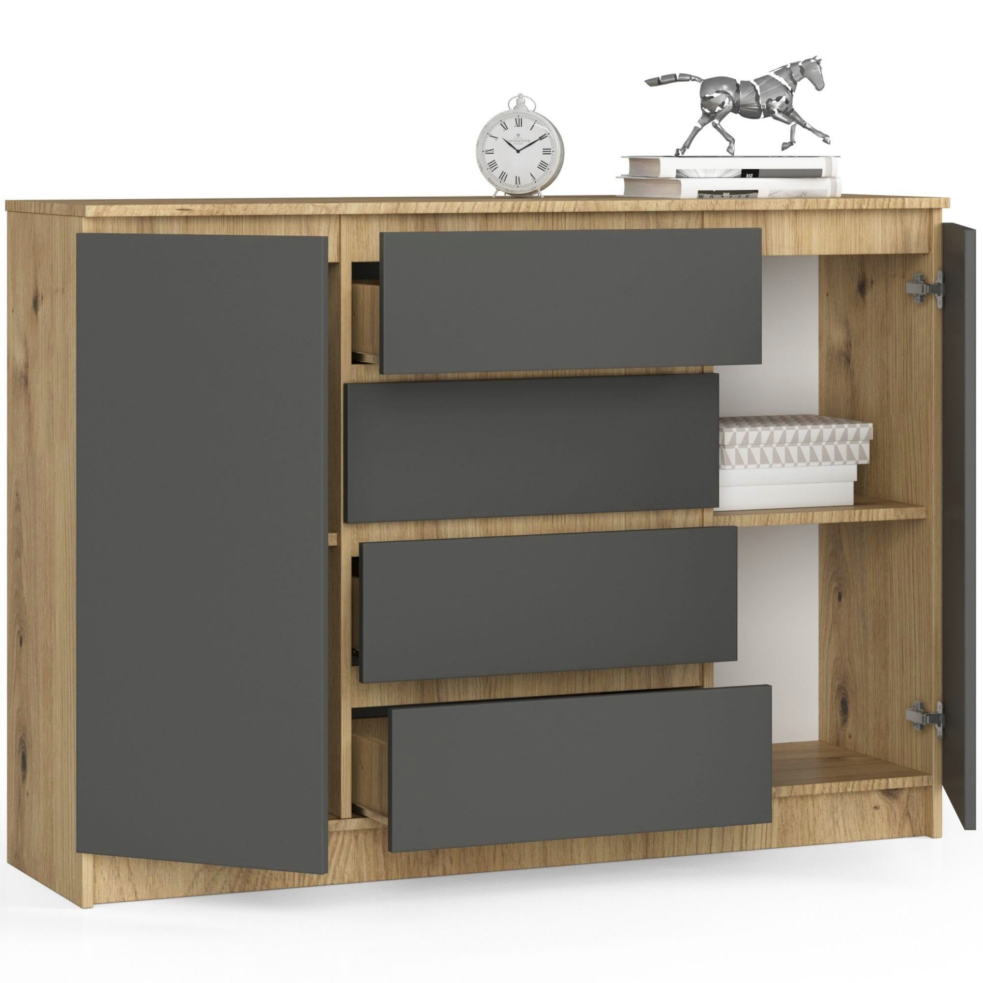 Kommode mit 4 Schubladen, zwei Schranktüren, 138 cm breit Holz Schrank