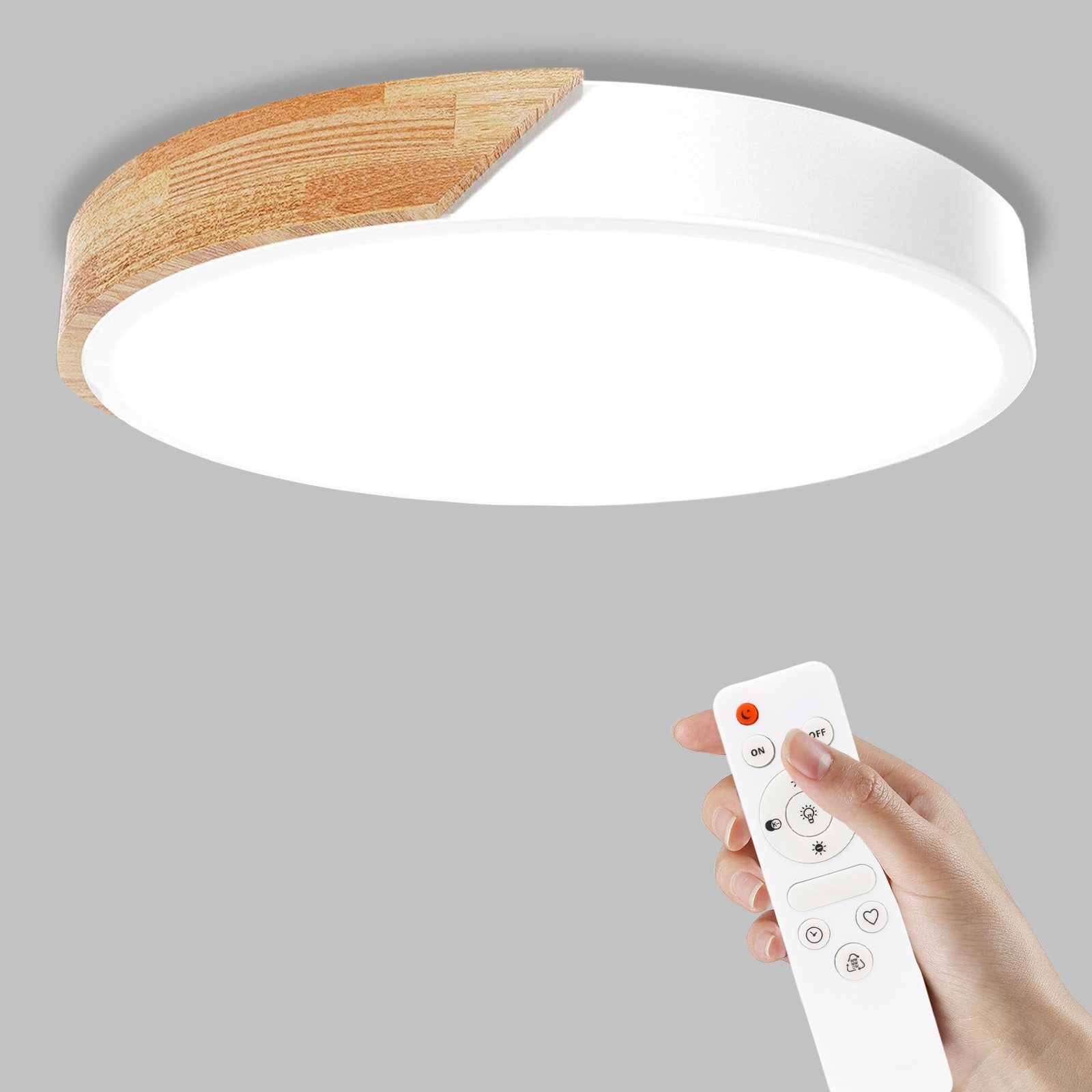 POPOLIC LED Deckenleuchte 24-W-moderne Leuchte, Deckenleuchte Holz, dimmbare Decke 3000k-6000k, ferngesteuerte LED-Deckenleuchte für Wohnzimmer und Flur, 30 cm