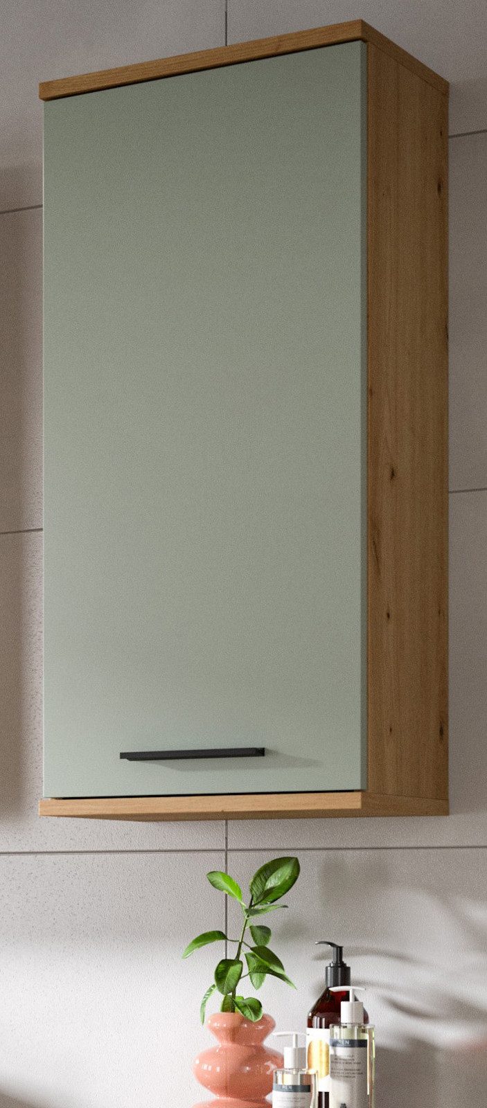 Inn.Furn Hängeschrank Bailey (Badschrank in Salbei Grün und Eiche Artisan, 35 x 77 cm) mit 3 Fächern und wechselbarem Türanschlag