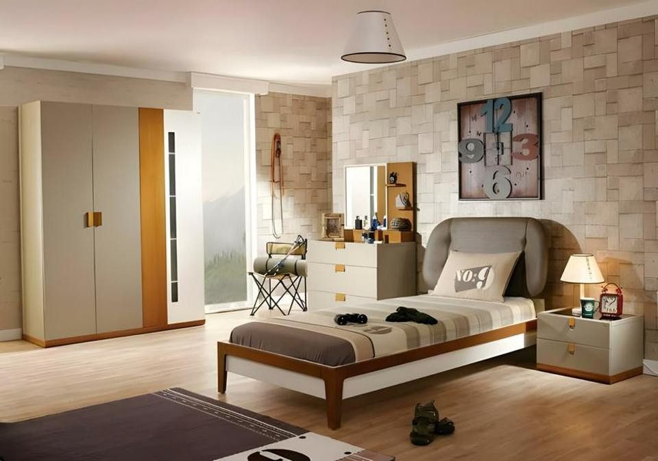Jugendzimmer-Set Grau Holz Kinderzimmer-Set mit Bett, Schrank und Schreibtisch