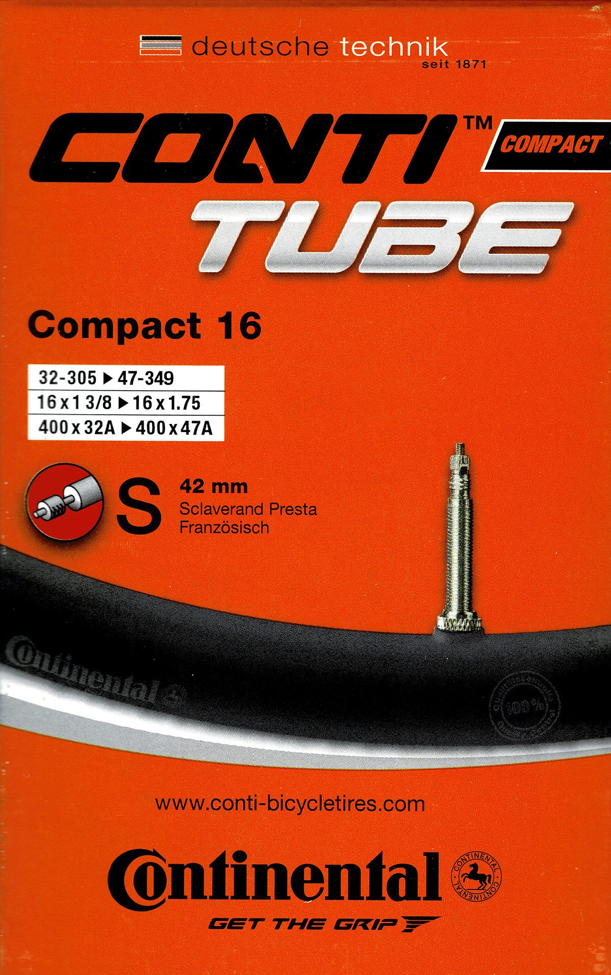 CONTINENTAL Fahrradschlauch Continental Compact 16 Schlauch 16 Zoll SV (32/47-305/349) SV 42mm, 1,50, 1 1/2, 1 5/8, 1,95, 2,00, 1 3/8, 1 1/8, 2,10, 1 1/4, 1,25, 1,20, 1,35, 1,90