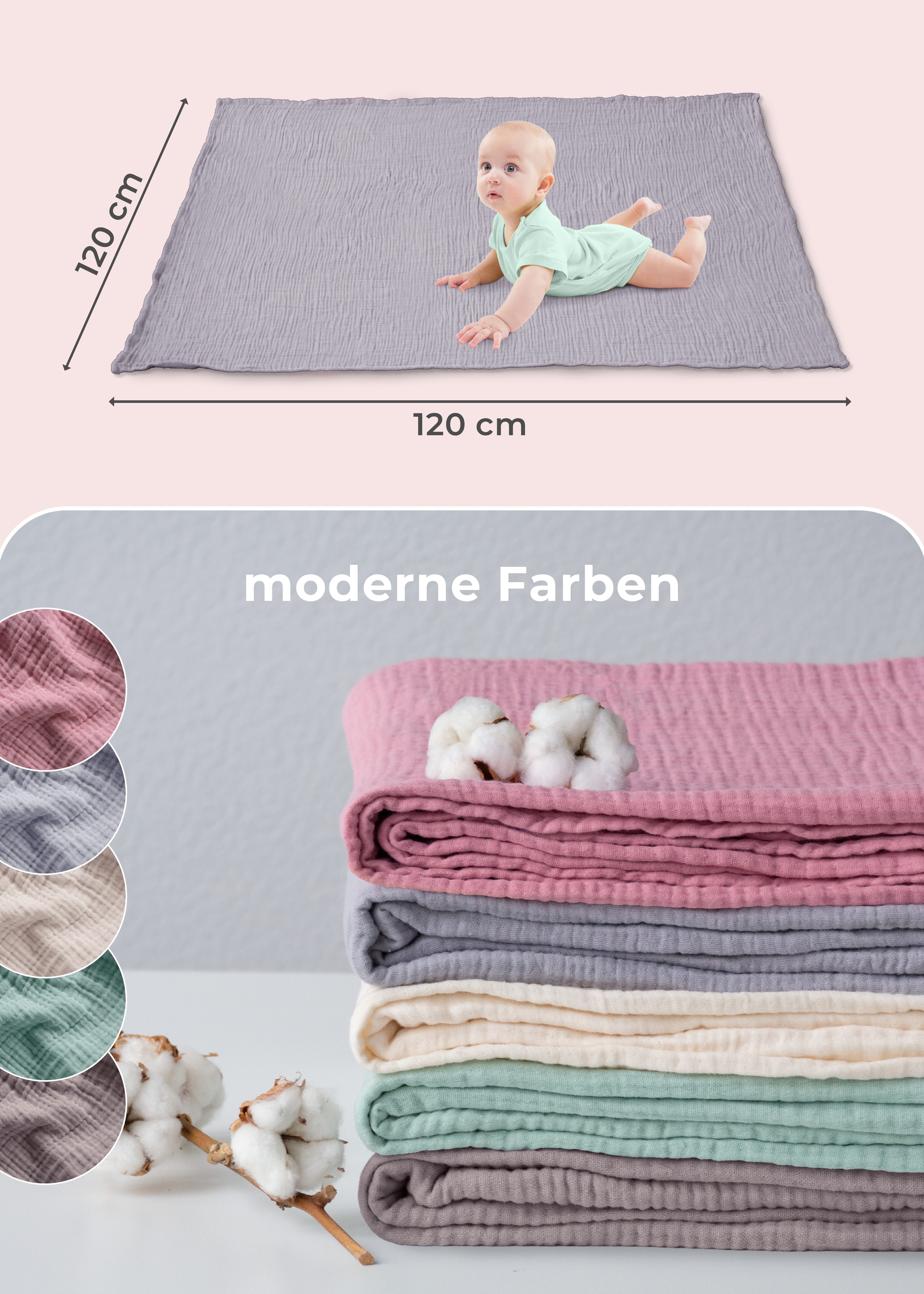 Babydecke Premium Musselin Babydecke 4-lagige Decke aus 100% Baumwolle, Laynenburg, Musselin Babydecke, Kuscheldecke oder Schlafdecke, Pucktuch, Spucktuch