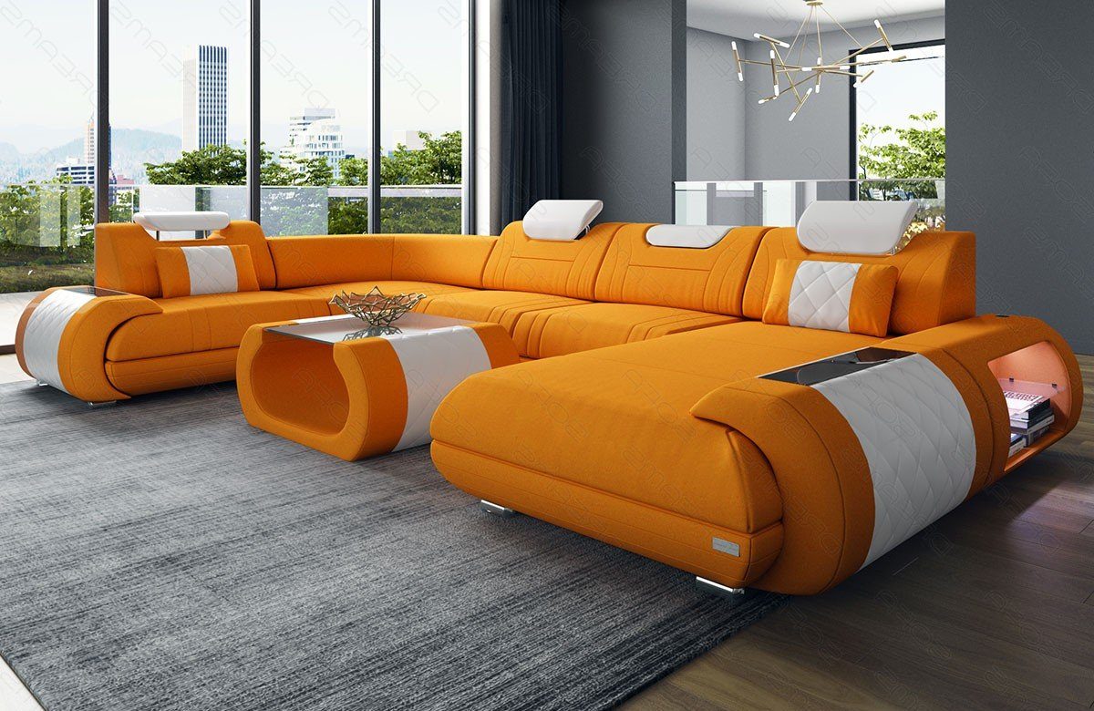 Mikrofaser Sofa apricot-weiß Bettfunktion Wohnlandschaft Rimini M Couch Dreams Stoffsofa, Sofa mit Stoff Polster wahlweise Form U