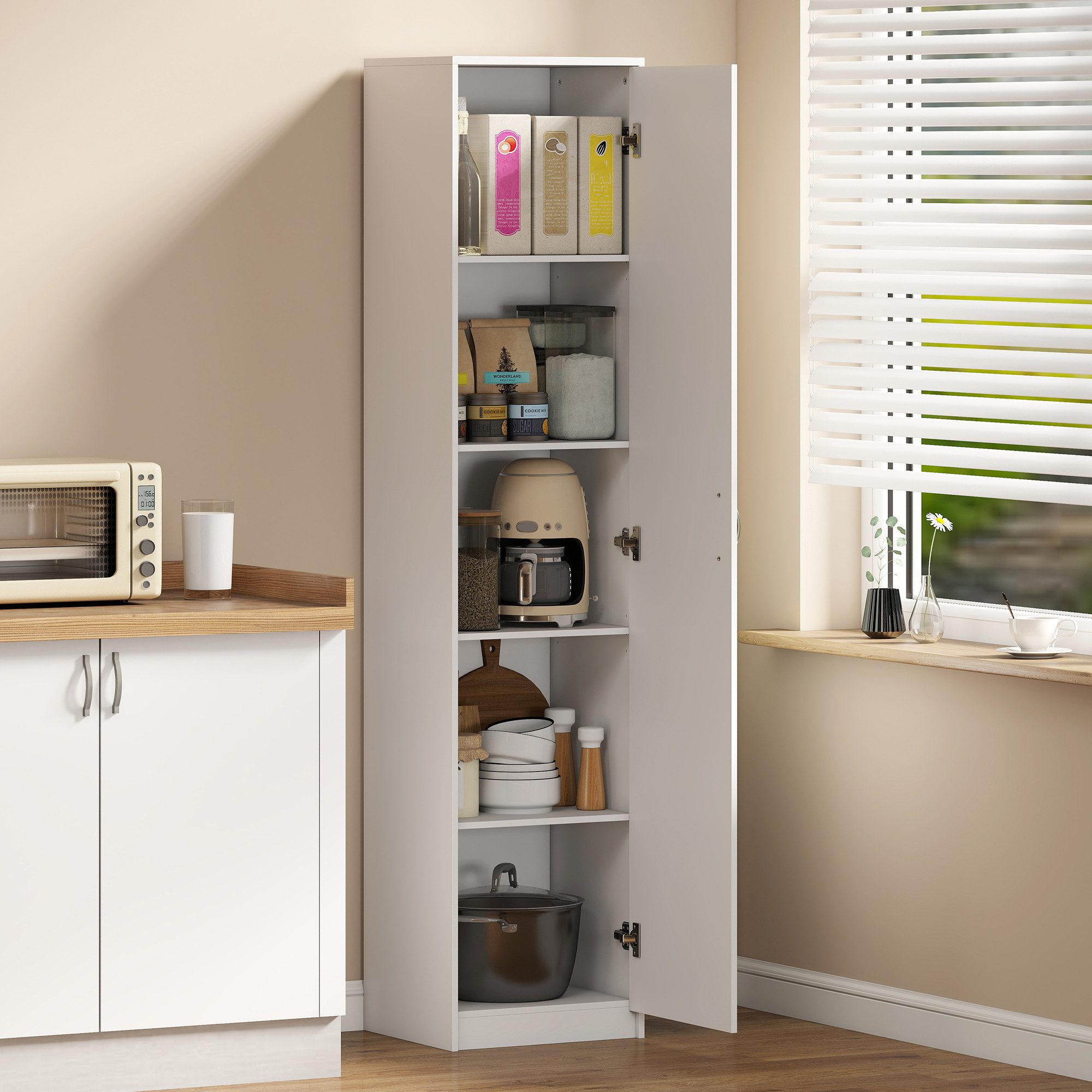 HOMCOM Küchenbuffet 5-Ebenen-Aufbewahrungsschrank, verstellbare Regale (Hochschrank, 1-St., Buffetschrank) für Küche, Esszimmer, Rustikal-Braun