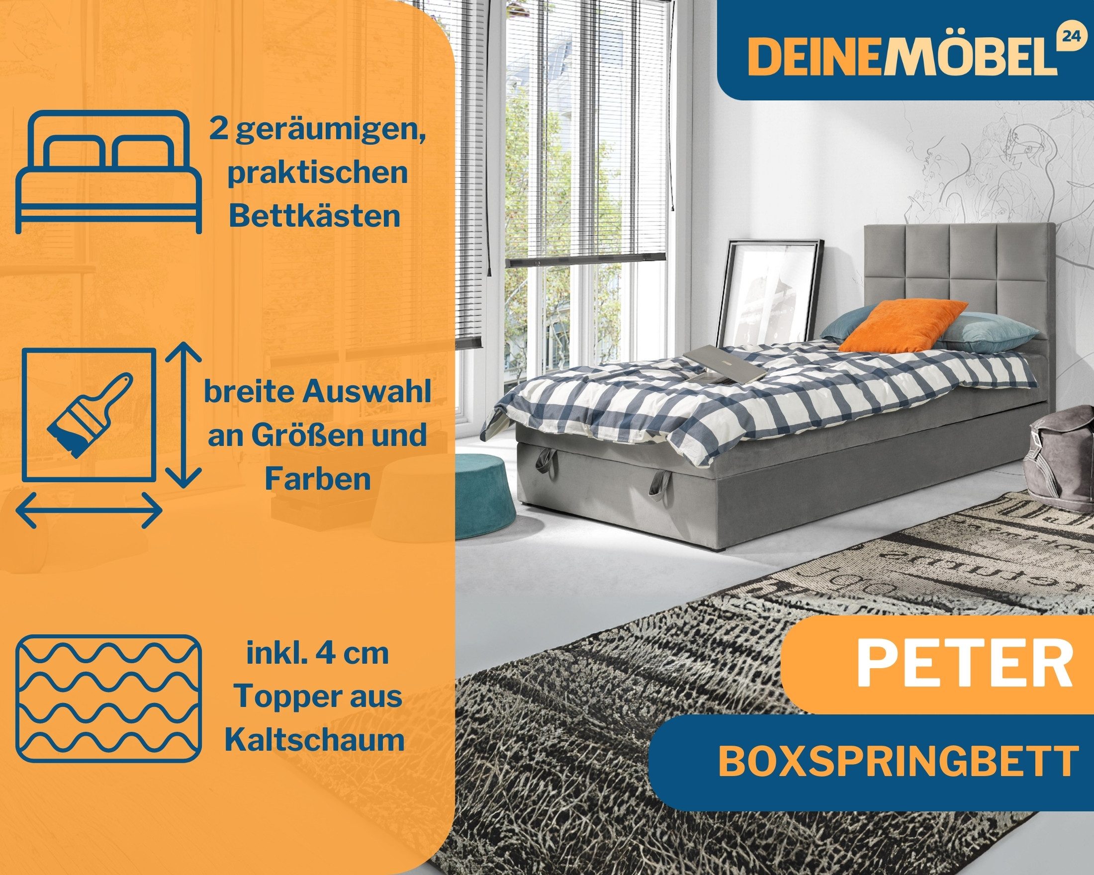 Deine Möbel 24 Boxspringbett Boxbett Polsterbett Komplettbett Jugendbett PETER (Hotelbett Bett für Jugendliche inkl. Kaltschaum-Topper 4 cm, 100x200 120x200 Hellgrau Graphit Rosa Pink), inkl. Bonnell-Federkernmatratzen Matratzen H3 Grau Beige Blau