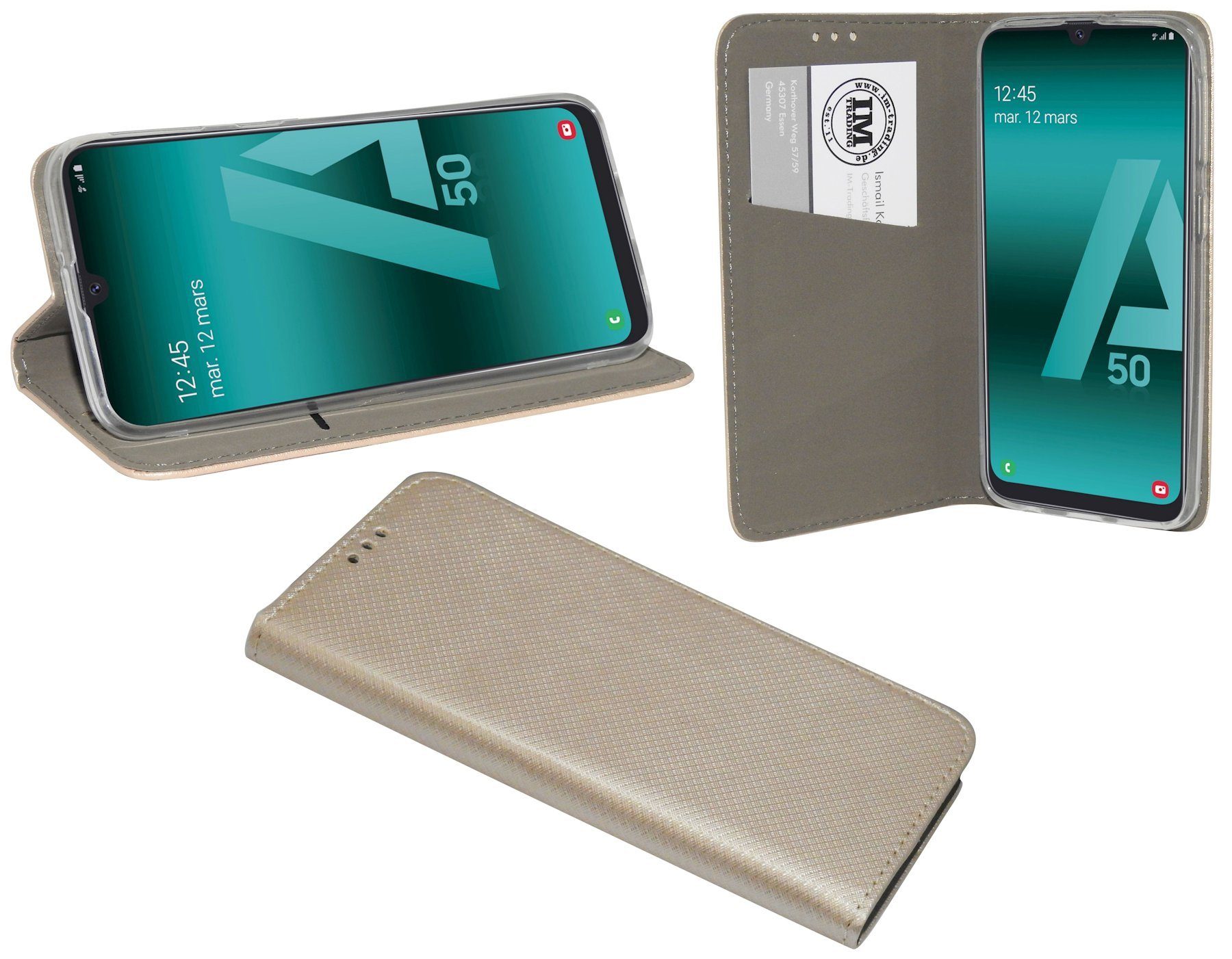 GALAXY Kartenfach (A505F) Buch Tasche "Smart" kompatibel Gold Etui Schutzhülle Handy mit mit SAMSUNG A50 Hülle Handytasche cofi1453 Brieftasche Standfunktion,