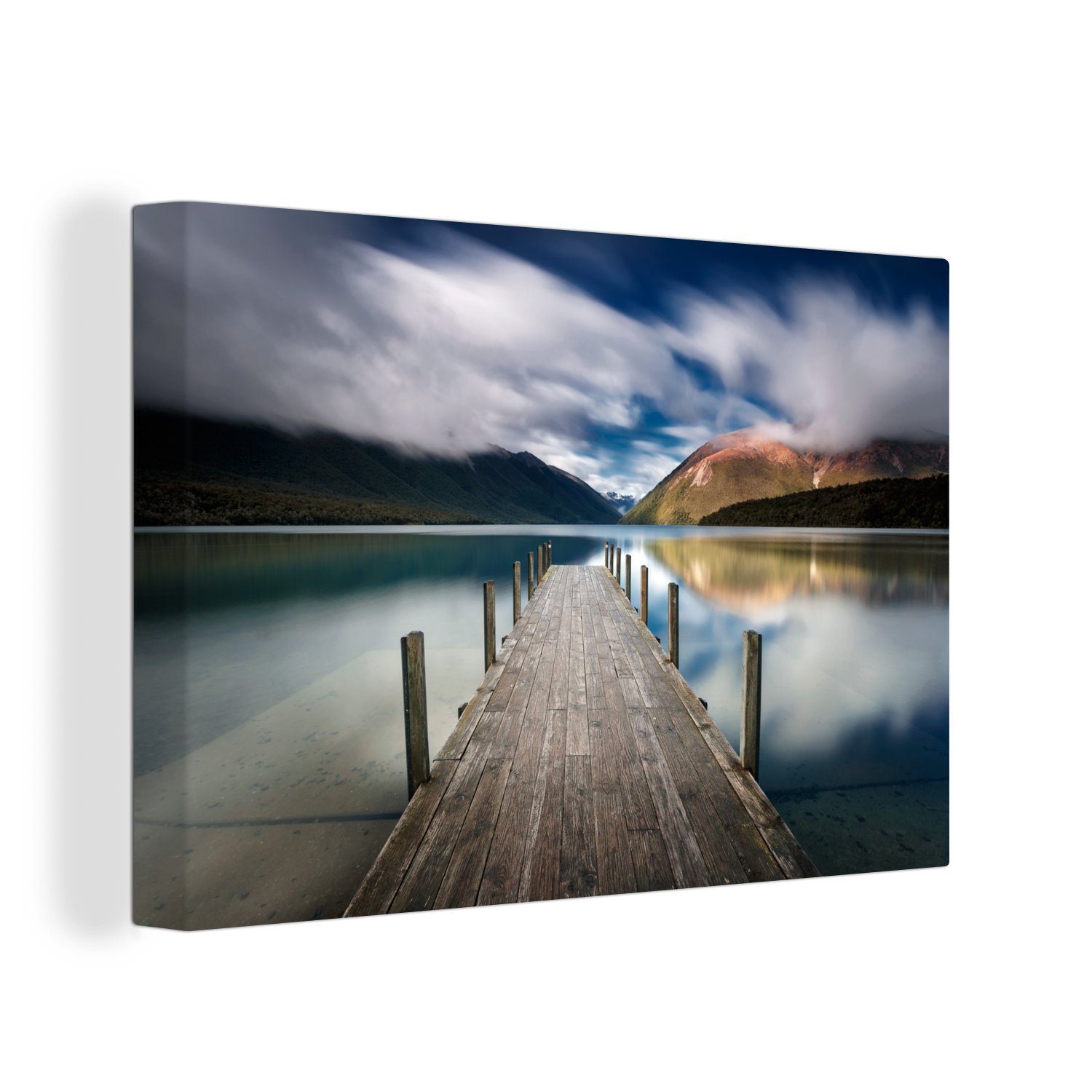 OneMillionCanvasses® Leinwandbild Bootssteg im Nelson Lakes National Park auf der Südinsel, (1 St), Wandbild Leinwandbilder, Aufhängefertig, Wanddeko, 30x20 cm