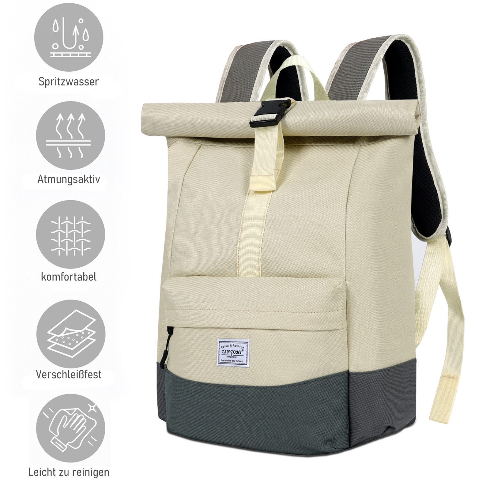 TAN.TOMI Cityrucksack Rolltop Rucksack Damen Herren Tagesrucksack mit Laptopfach, Modern Rolltop Rucksack Daypack, Wasserabweisend – Bild 4 von 5