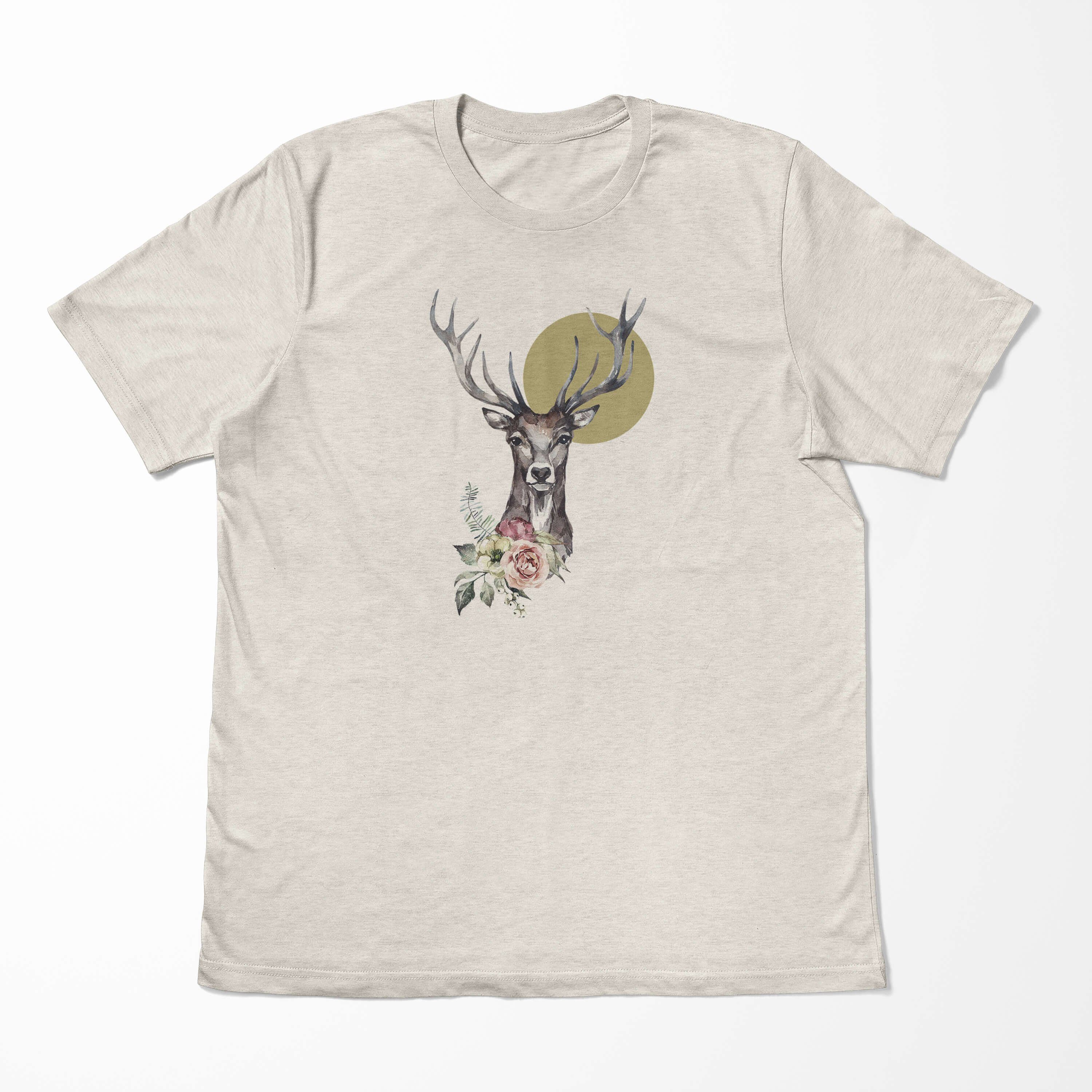 Sinus Art T-Shirt Herren Shirt 100% Porträt Bio-Baumwolle gekämmte T-Shirt (1-tlg) Ök Motiv Blumen Hirsch Nachhaltig Aquarell